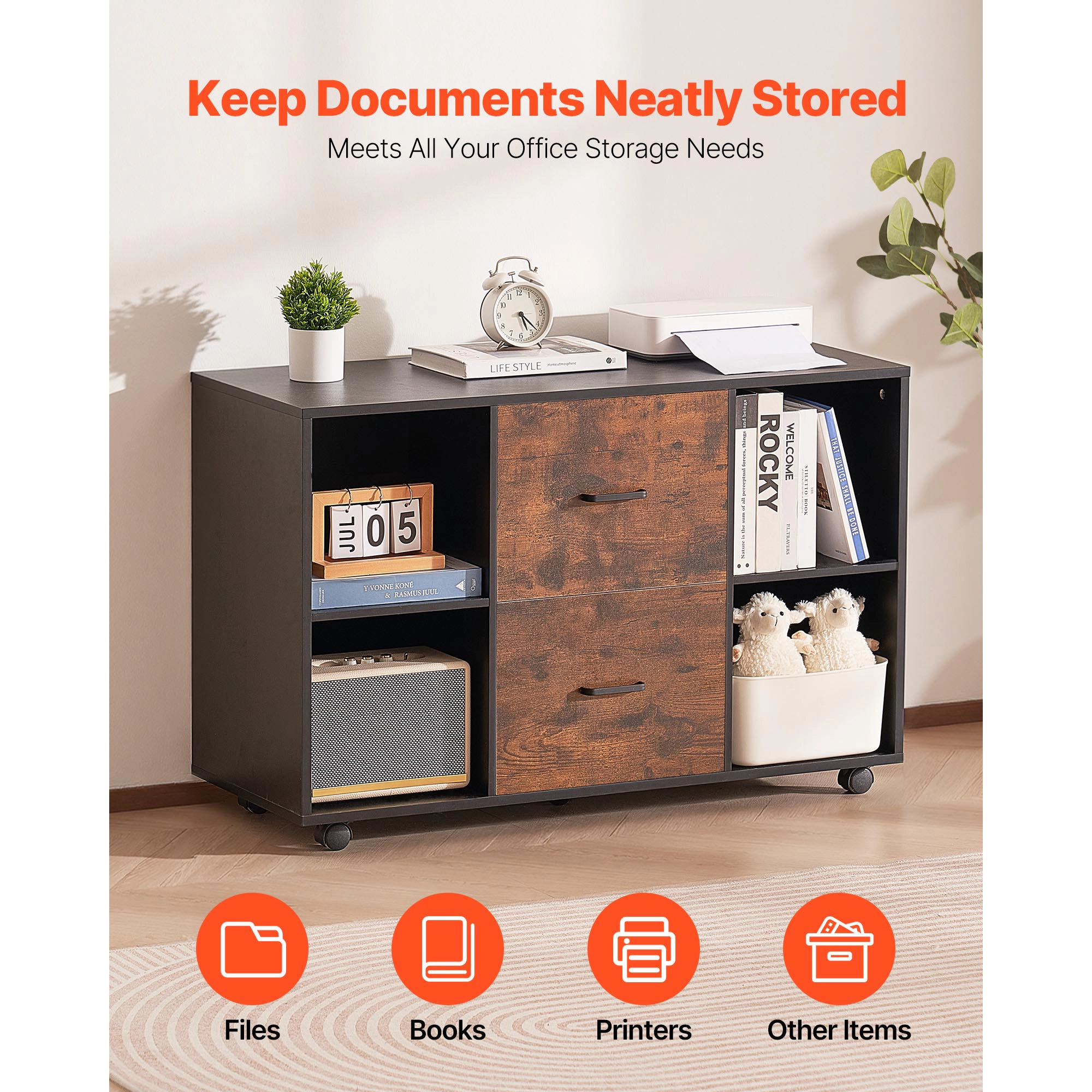 HONGGE Mobile Filing Cabinet with Lockable Rolling File Storage and Shelves Standing Printer Stand for Home Office