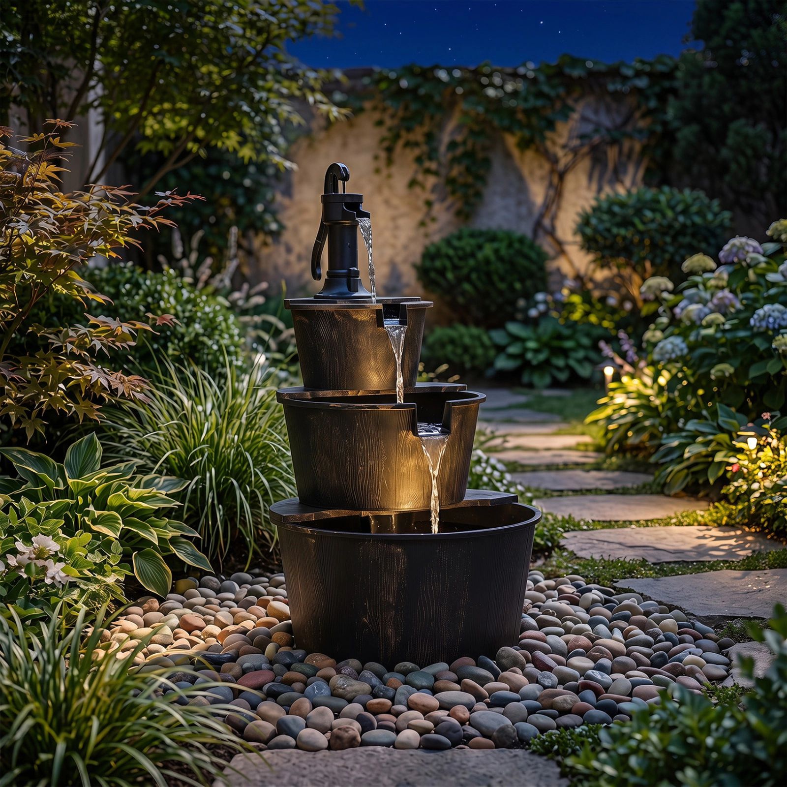 SUGIFT 3-Tier 37-in Outdoor Waterfall Barrel Water Fountain with Electric Pump and Bronze Finish