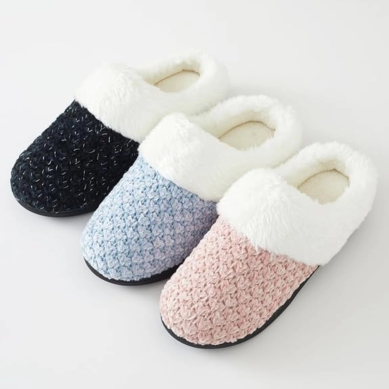 Roxoni Women's Knit Memory Foam Clog Slippers with Plush Faux Fur Collar