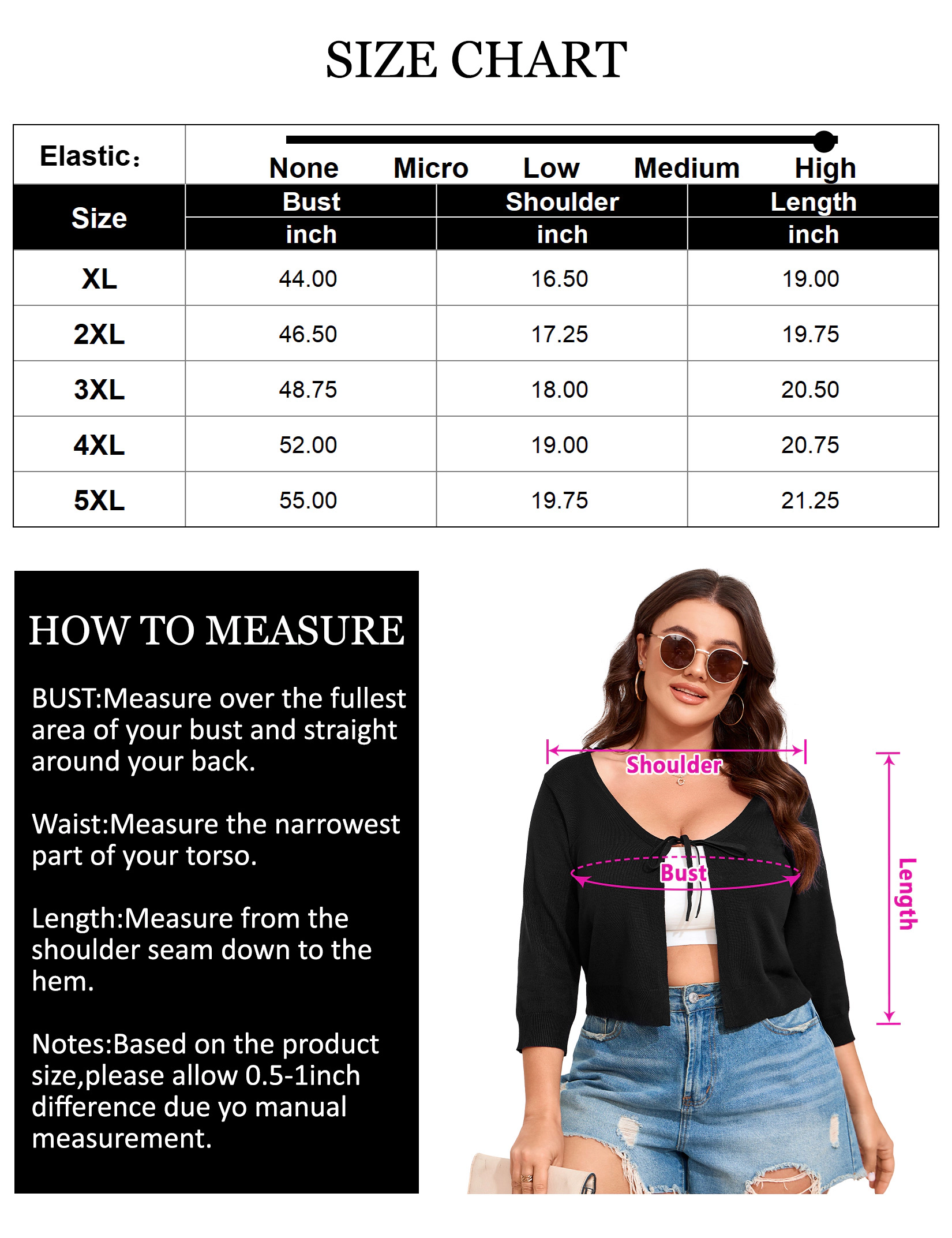 KOJOOIN Women's Plus Cropped Knit Cardigan 3/4 Sleeve Tie Front V Neck Ribbed Trim Bolero Shrug