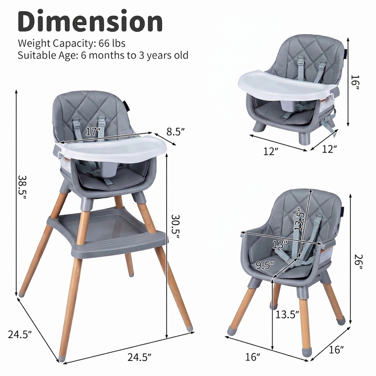 9-in-1 Convertible Beech Wood High Chair for Babies and Toddlers 66-lb Capacity Booster Straps 3-Position Double Tray
