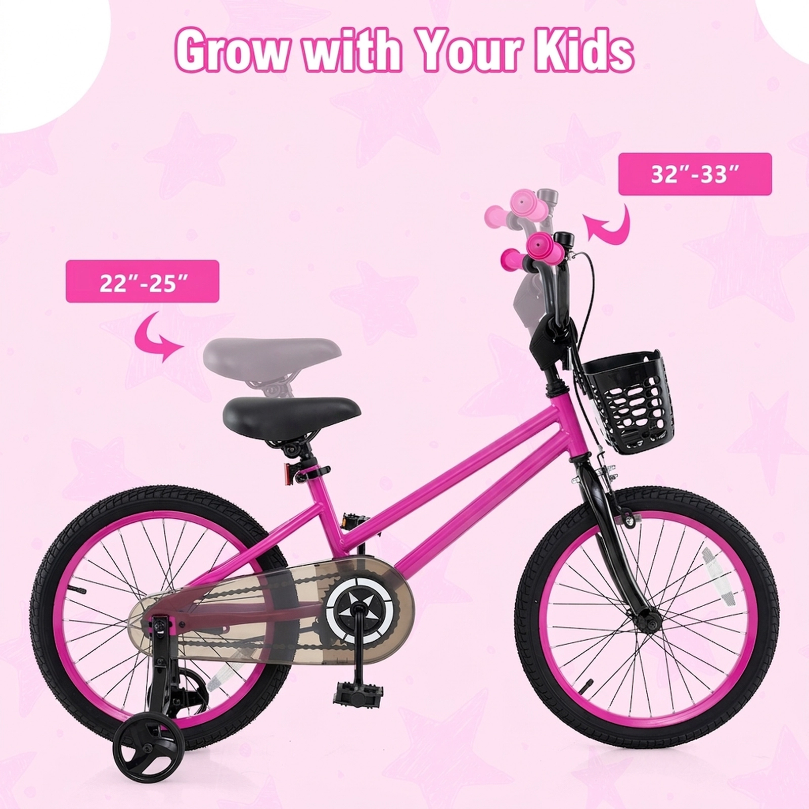 16-in Kids Bike Front Basket Adjustable Seat and Removable Training Wheels Hand Brake and Coaster Brake Ages 4-7 Pink