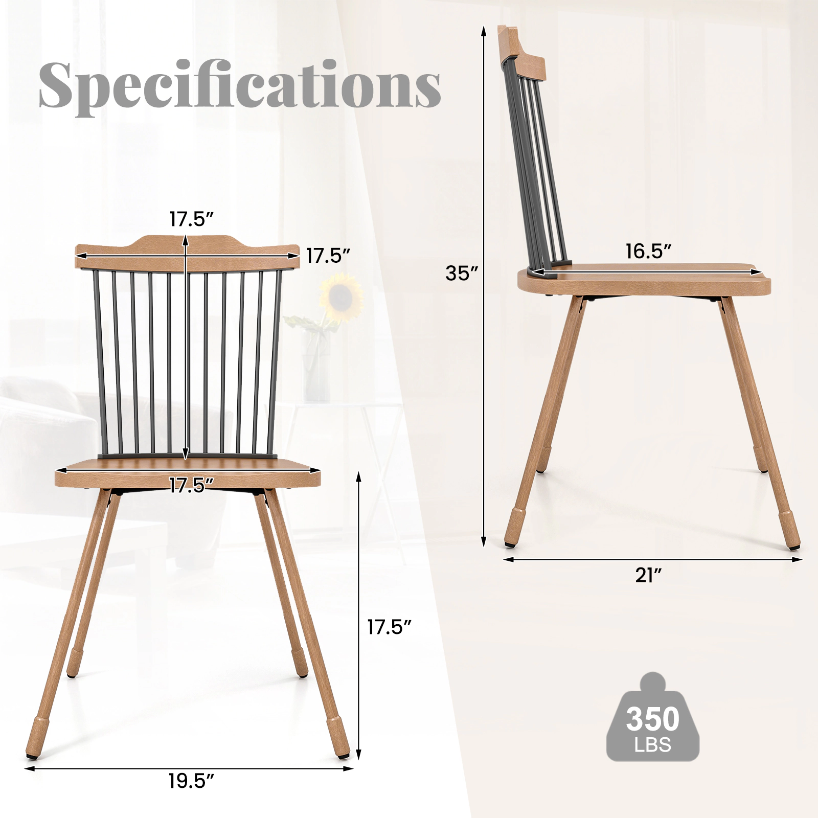 SUGIFT Spindle Back Dining Chair Set of 2 with Ergonomic Contoured Seat 350-lb Capacity Natural + Black