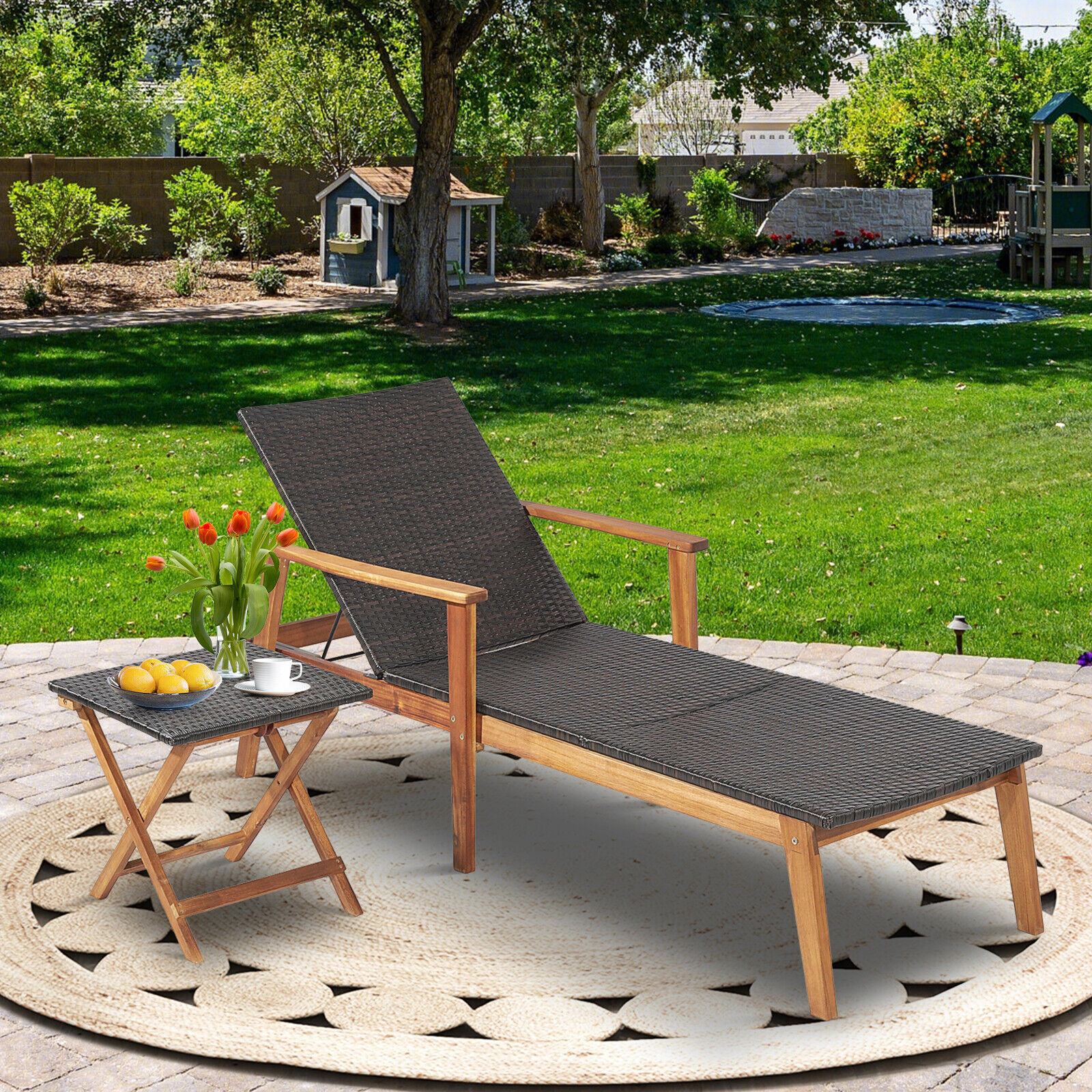 SUGIFT 4-Level Folding Side Table Acacia Wood PE Rattan Patio Chaise Lounge 79-in x 28-in 800-lb Capacity Brown