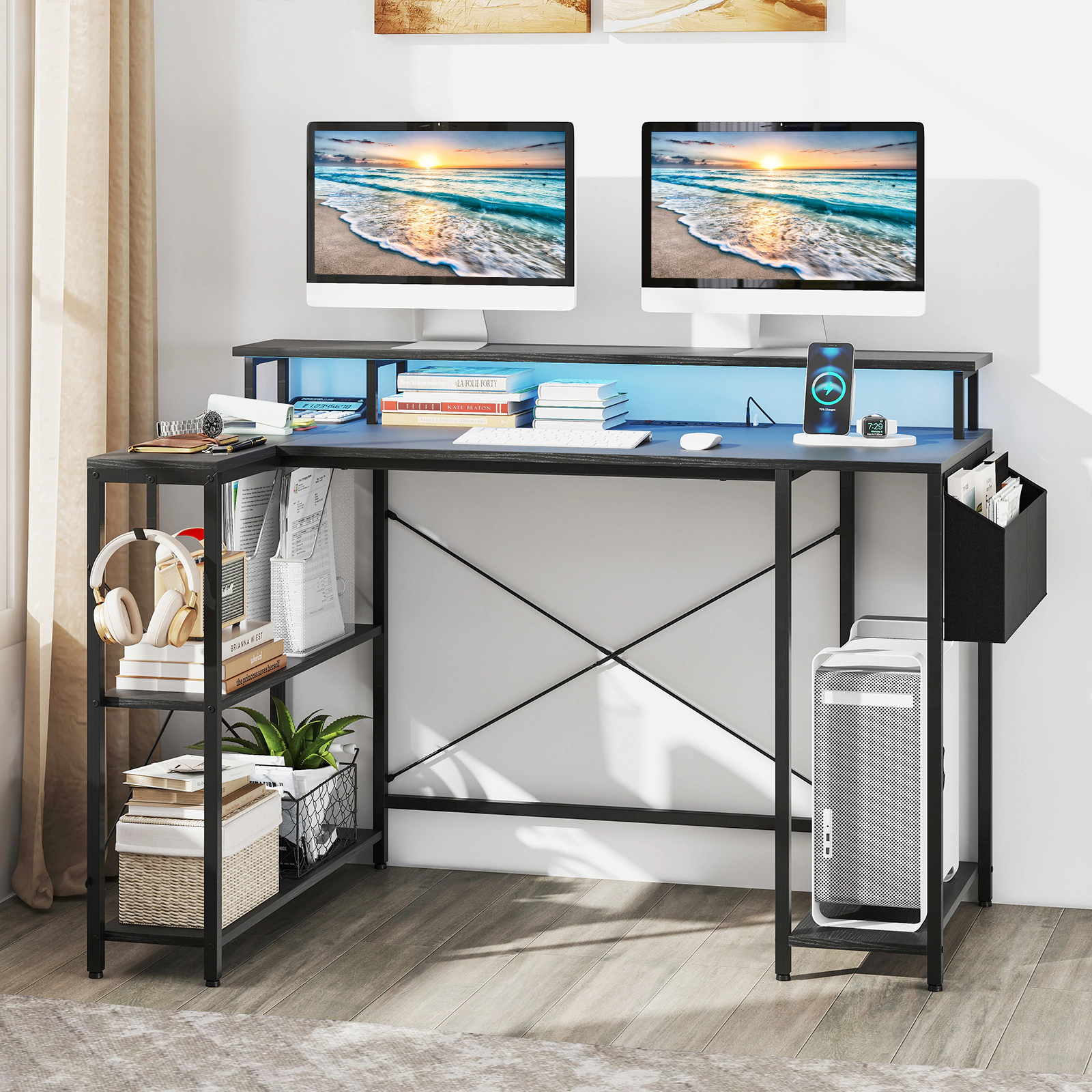 LJG L-Shaped Gaming Desk with LED Lights and Power Outlets