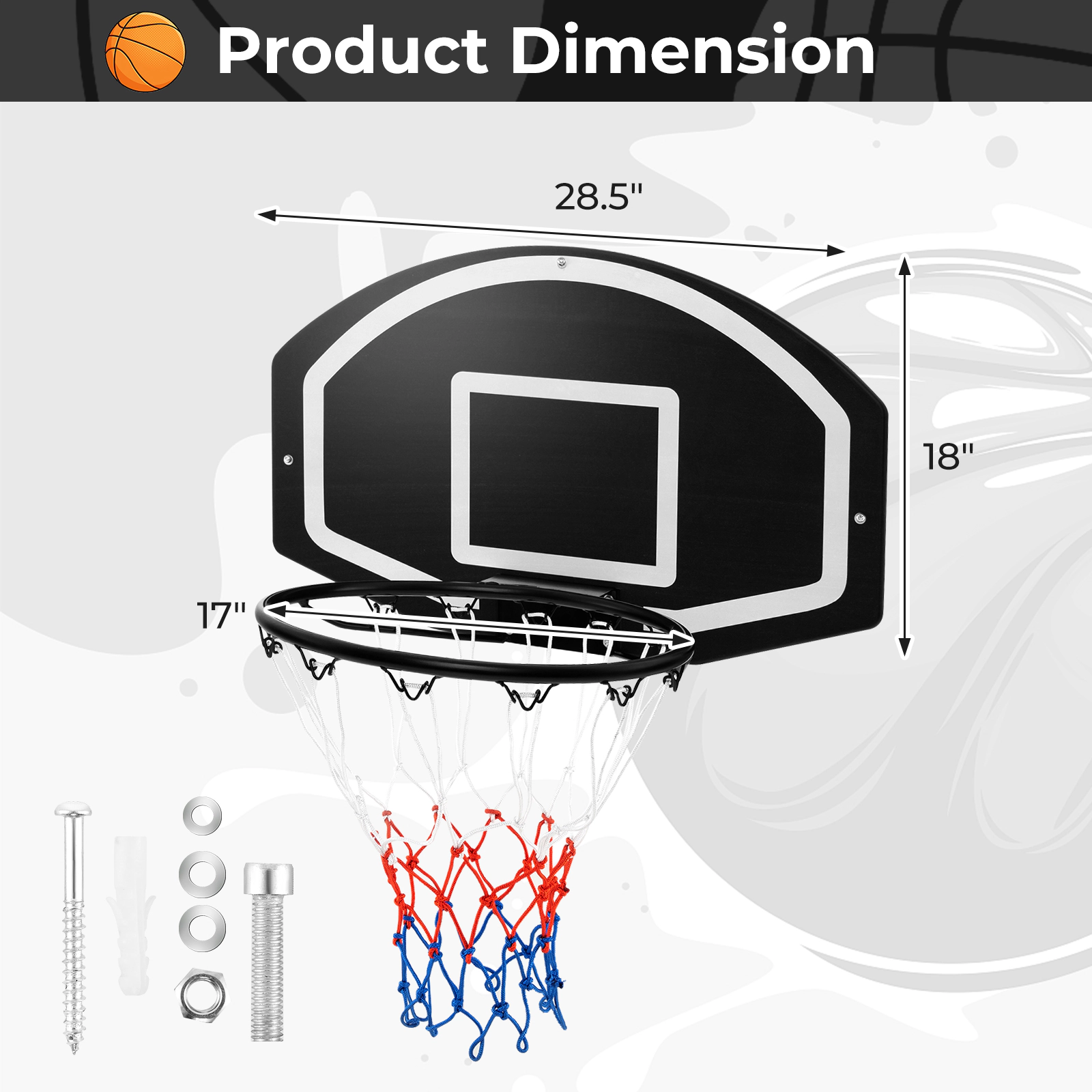 SUGIFT Black and White Wall Mounted Basketball Hoop Set with PE Backboard and All Weather Net 28.5-in W 18-in H