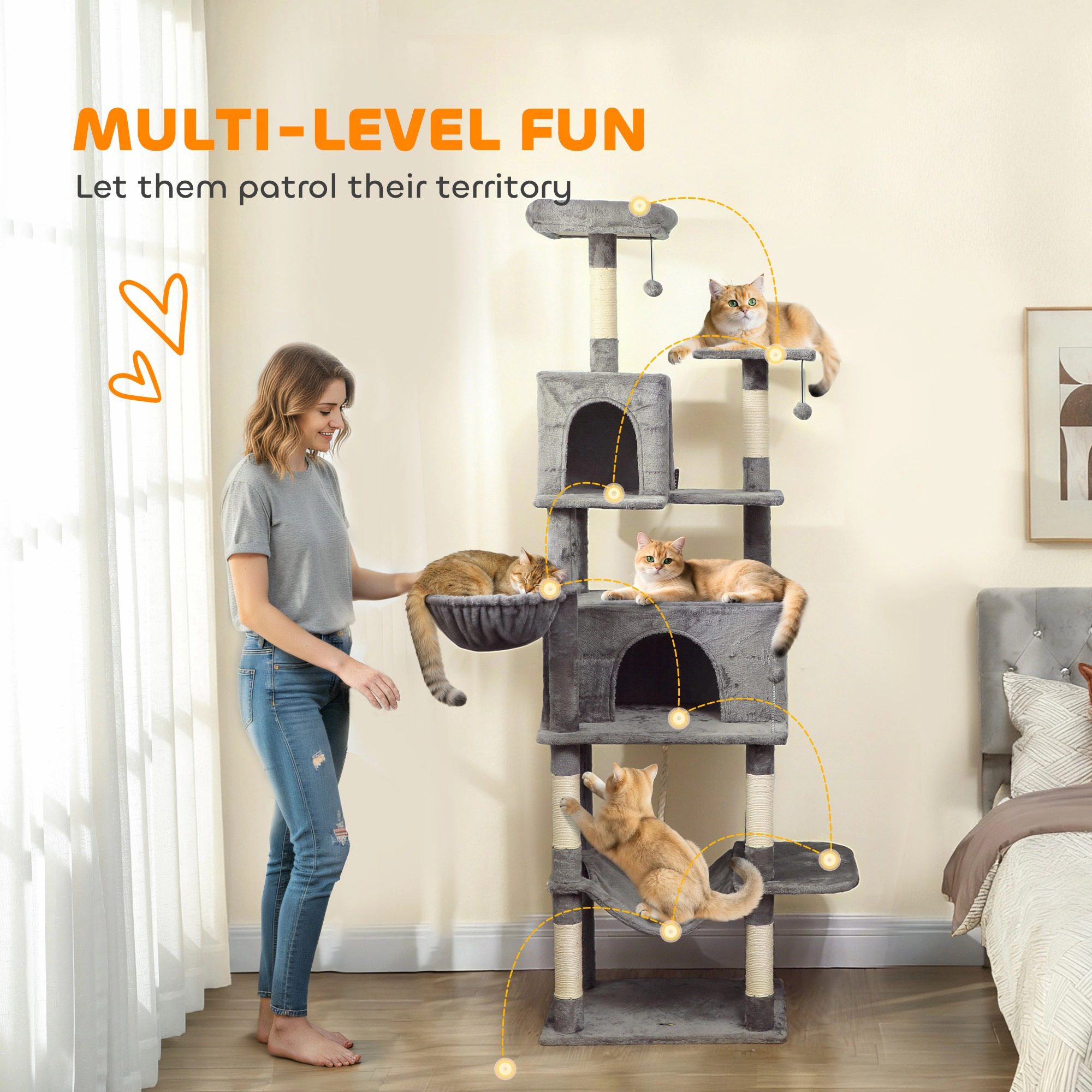 HONGGE Multi-Level Cat Tower, Cat Tree with 2 Condos, Hammocks, Scratching Posts, Dark Gray