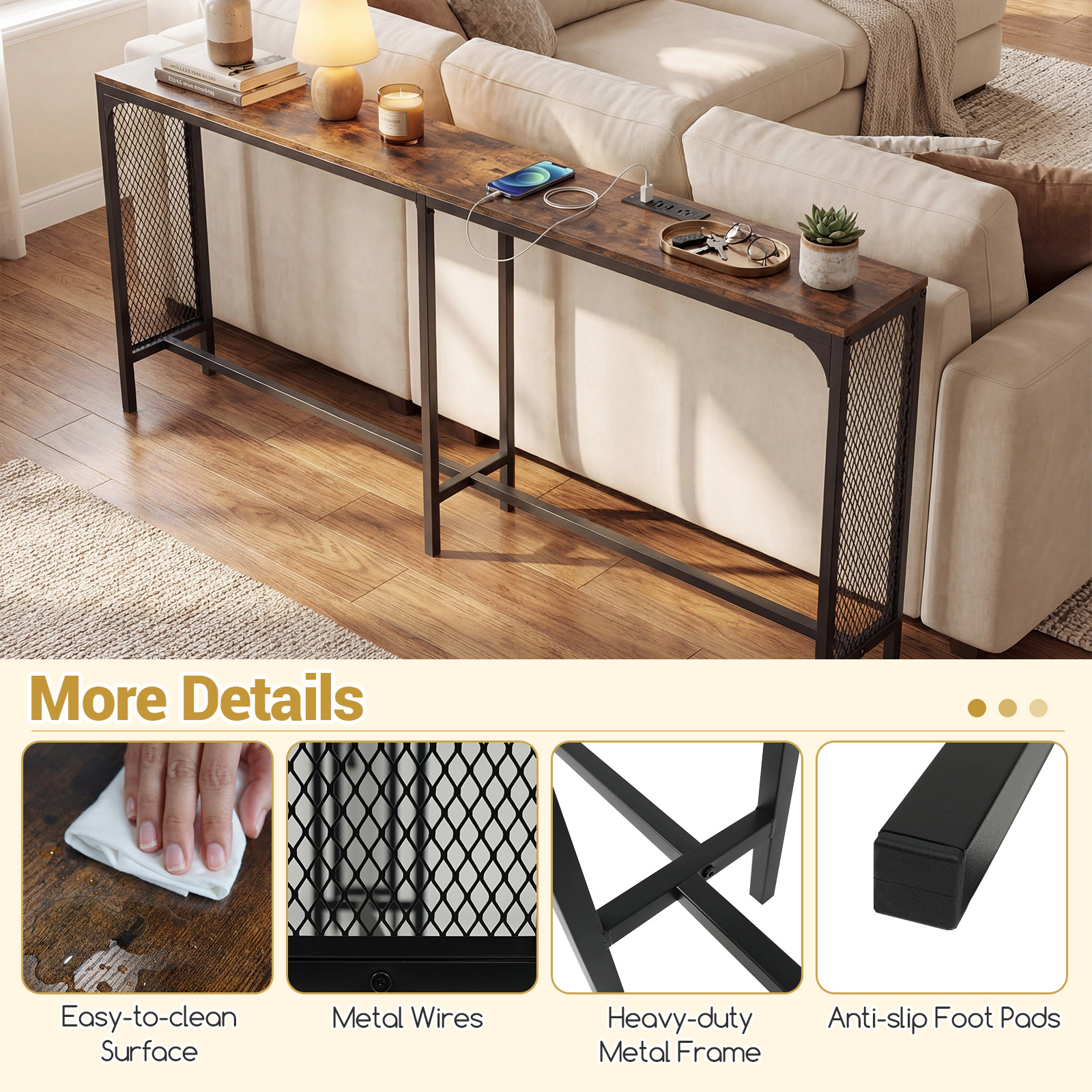 SUGIFT 71 Inch Engineered Wood Metal Frame USB C Charging Narrow Console Table In Rustic Brown