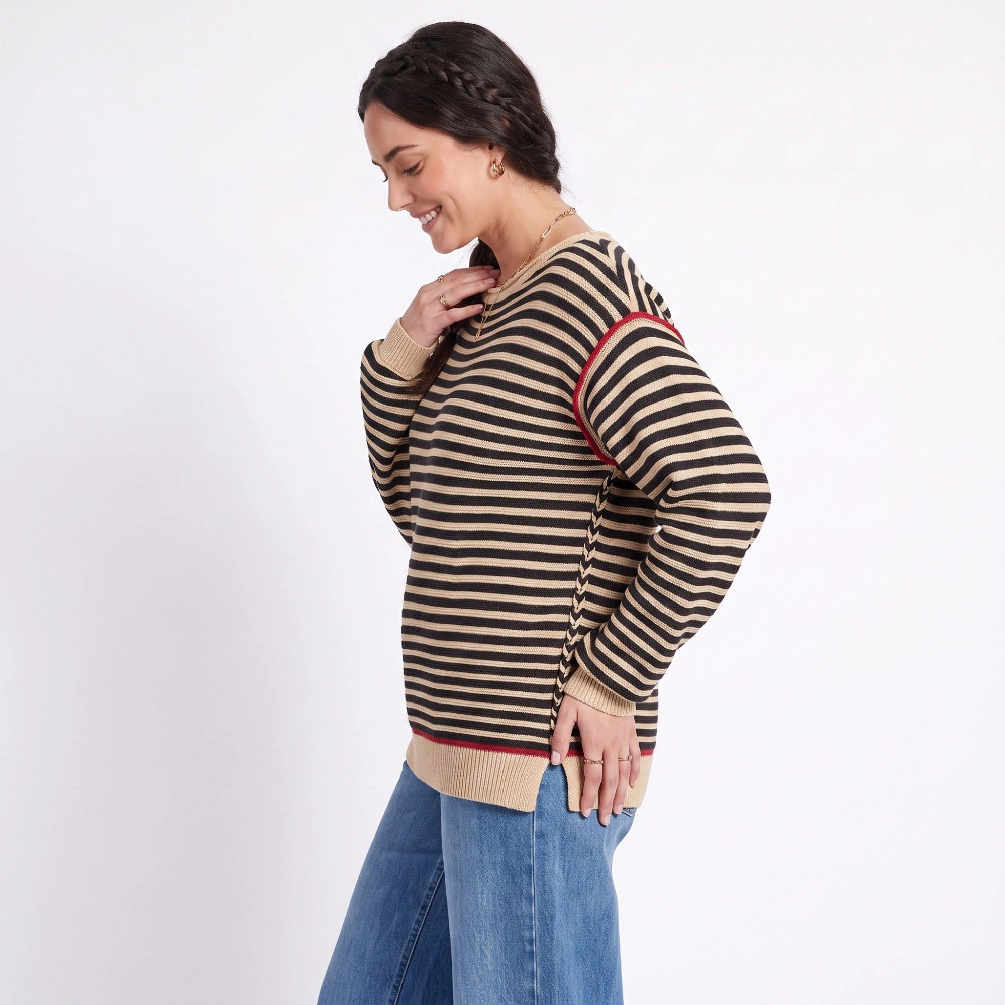 Anna-Kaci Women's Striped Contrast Trim Drop Shoulder Long Sleeve Knit Sweater