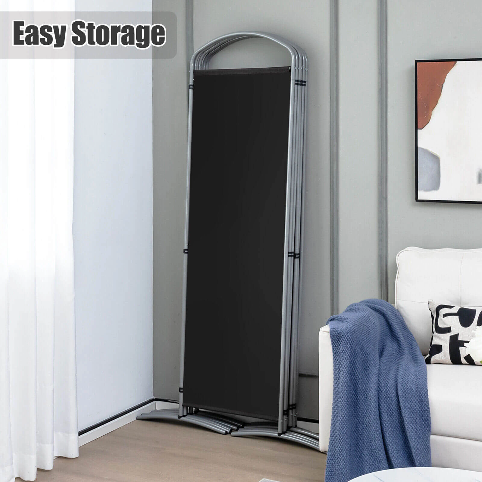 SUGIFT Black 6-Panel 131-in Wide 74-in Tall Freestanding Folding Room Divider Screen with Curved Base