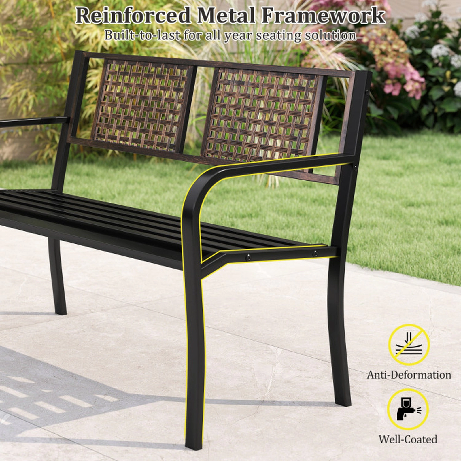 SUGIFT Black Rattan-Like Backrest for 2-3 People 50 Inch Outdoor Metal Garden Bench