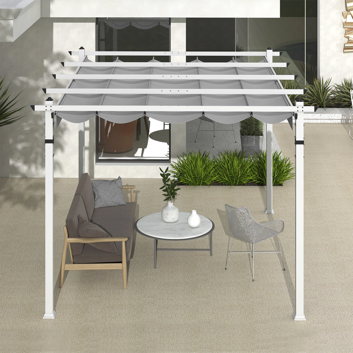 SUGIFT Outdoor Pergola Gazebo with Retractable Canopy 7.7-in Tall Turquoise/Gray+White