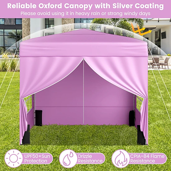 SUGIFT Pop Up 10-ft x 10-ft Canopy Gazebo Tent with 3-Height Adjustable Frame 4 Sidewalls Sandbags Stakes and Bag Pink