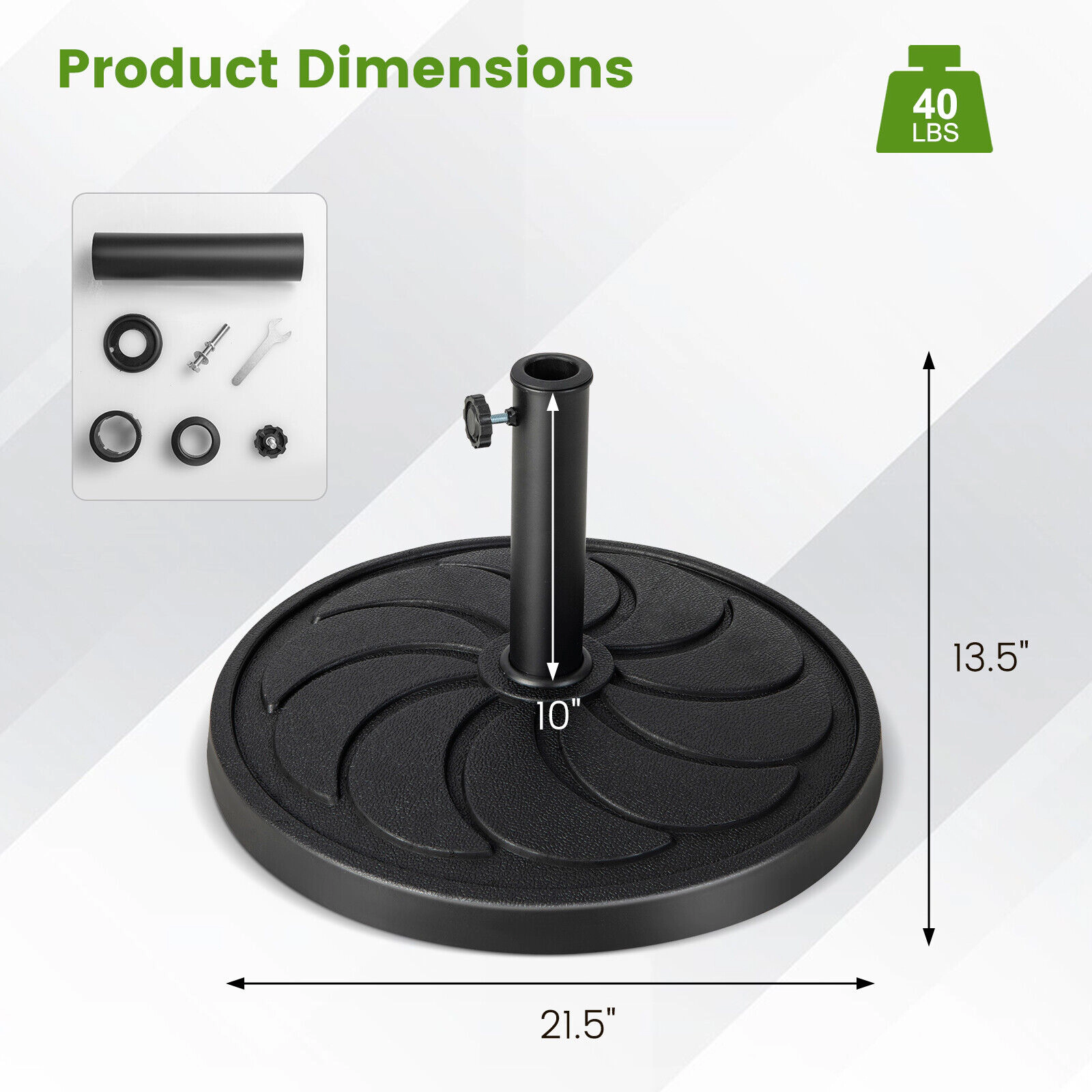 Slickblue 40 lb Resin Patio Umbrella Base with Metal Pole and Adapters Black