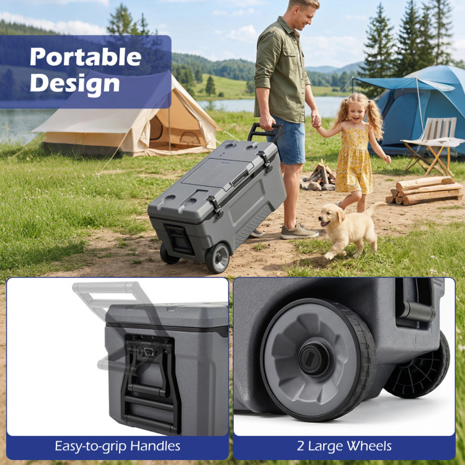 SUGIFT 53-Quart Gray Rolling Patio Cooler with Fish Ruler 29.5-in W 16-in D 16-in H 220-lb Lid Capacity