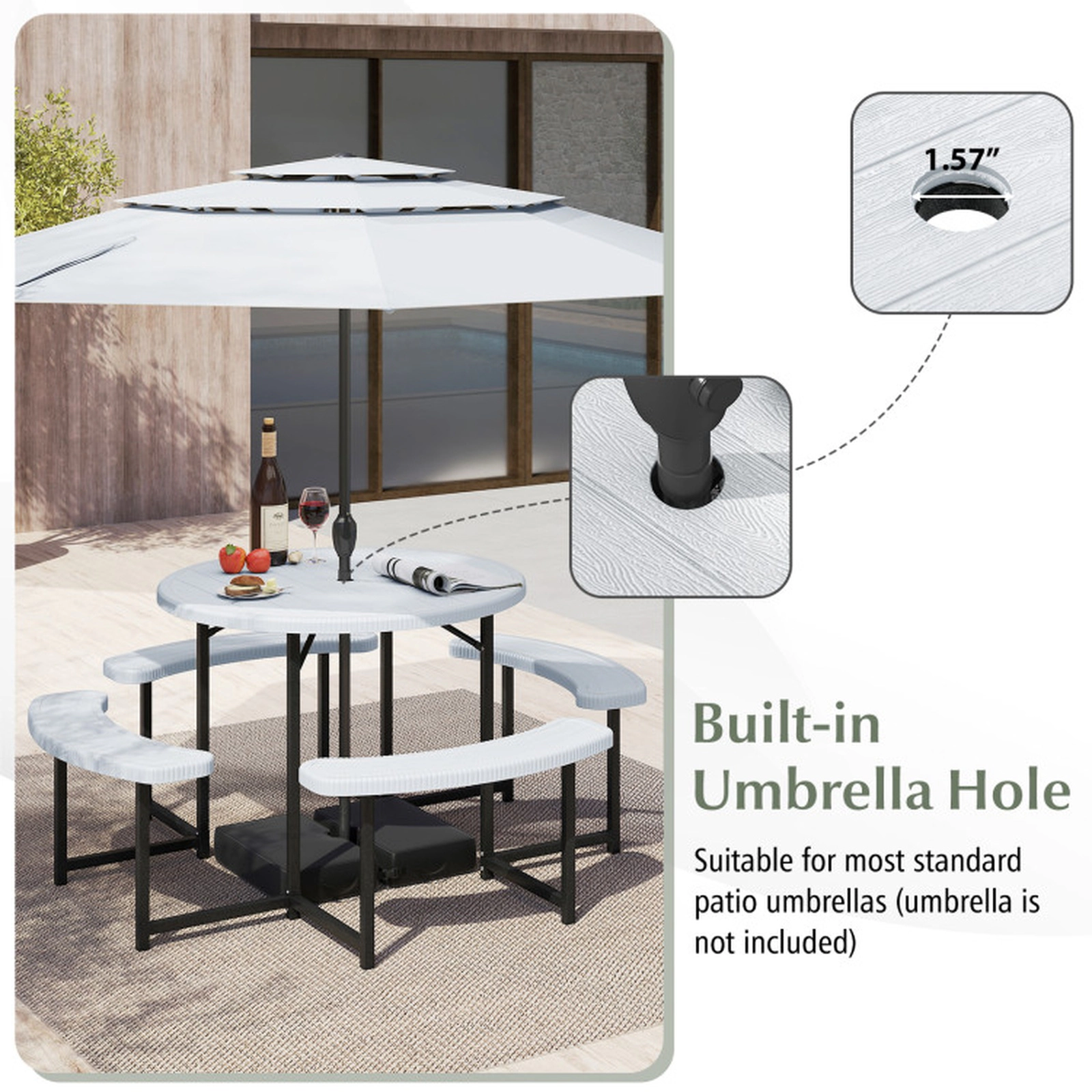 SUGIFT White Round Picnic Table with 4 Curved Benches and Umbrella Hole 37-in Dia 29-in H 200-lb Tabletop Capacity