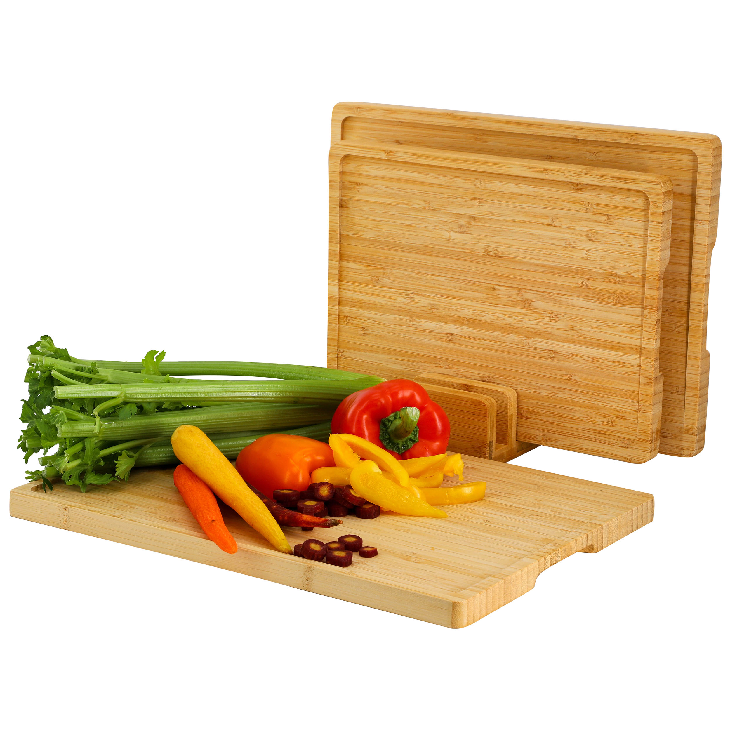 MegaChef 3 Piece Natural Bamboo Cutting Board Set with Base