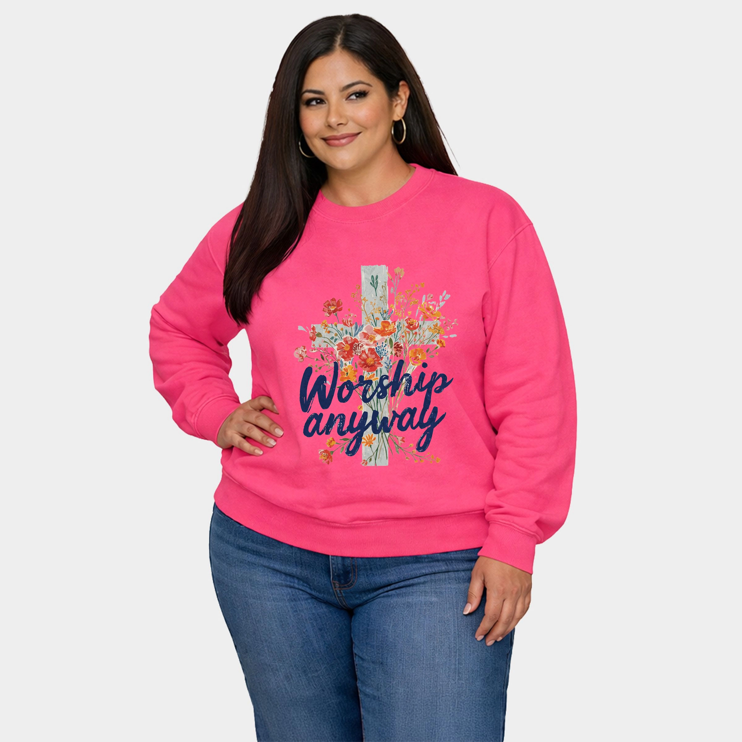 Simply Sage Market - Worship Anyway Cross  Women's Plus Sized Graphic Sweatshirt