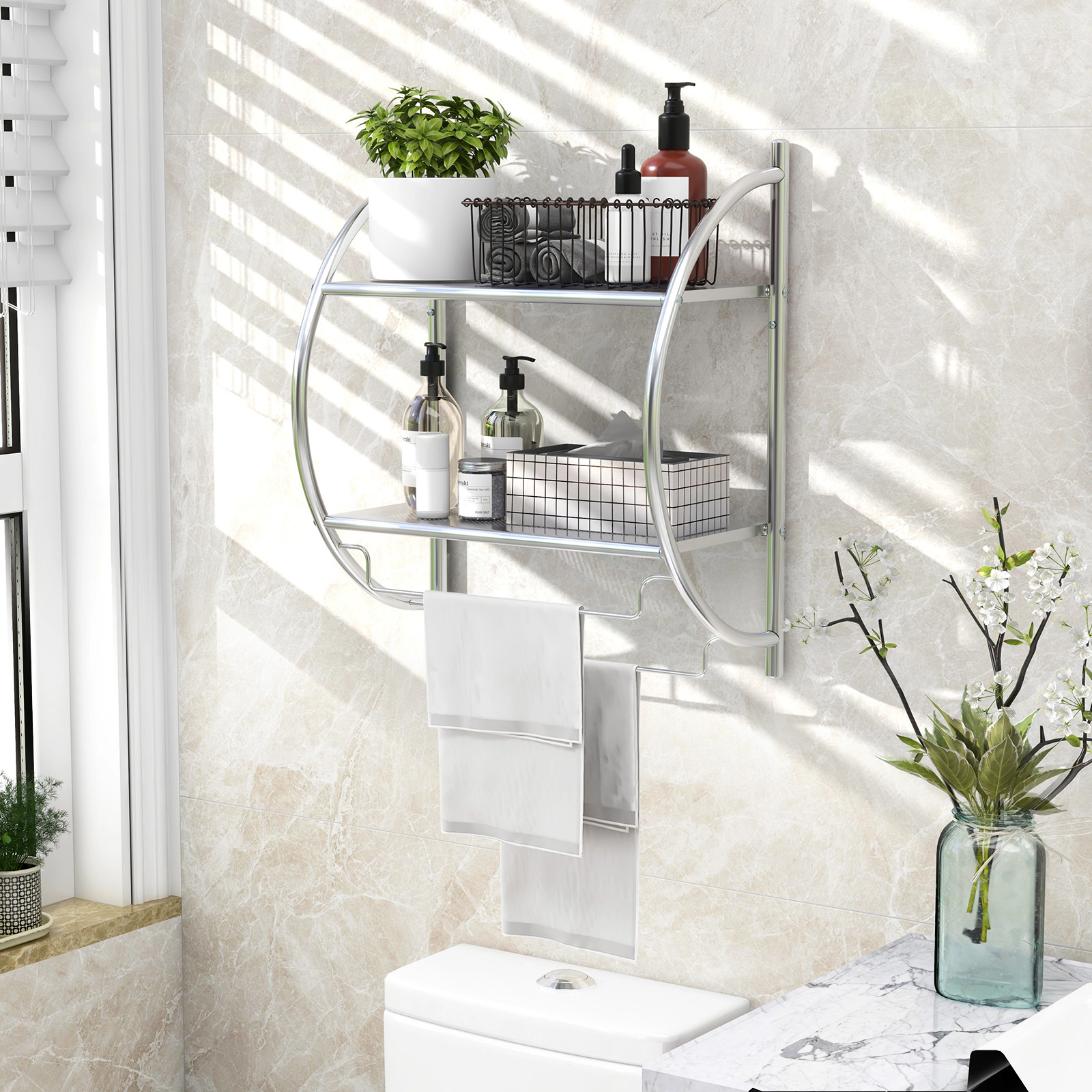 SUGIFT Wall Mounted 2-Tier Bathroom Towel Rack 2 Mesh Shelves 2 Towel Bars Rustproof Metal 18 x 10 x 22-in Silver