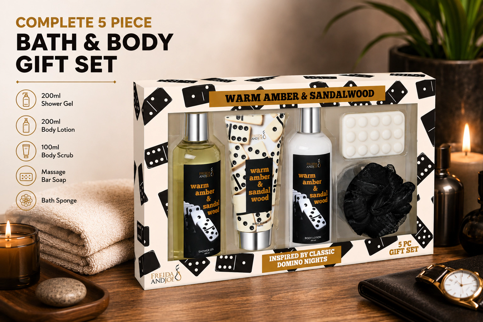 Freida and Joe Mens Warm Amber & Sandalwood Domino Nights Bath And Body Gift Set