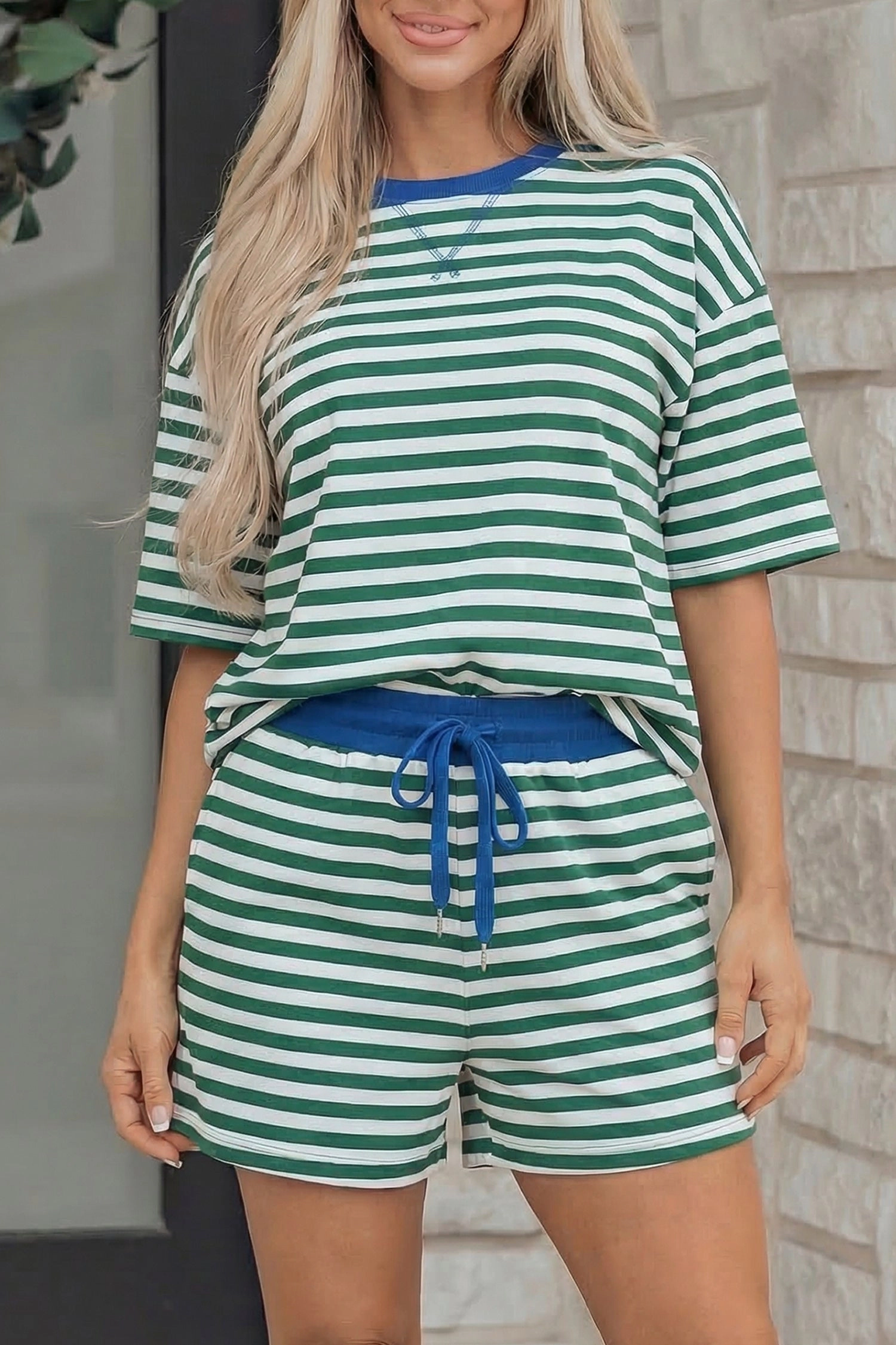 Threaded Pear Womens Delaney Casual Terry 2-Piece Lounge Set - Green Stripe