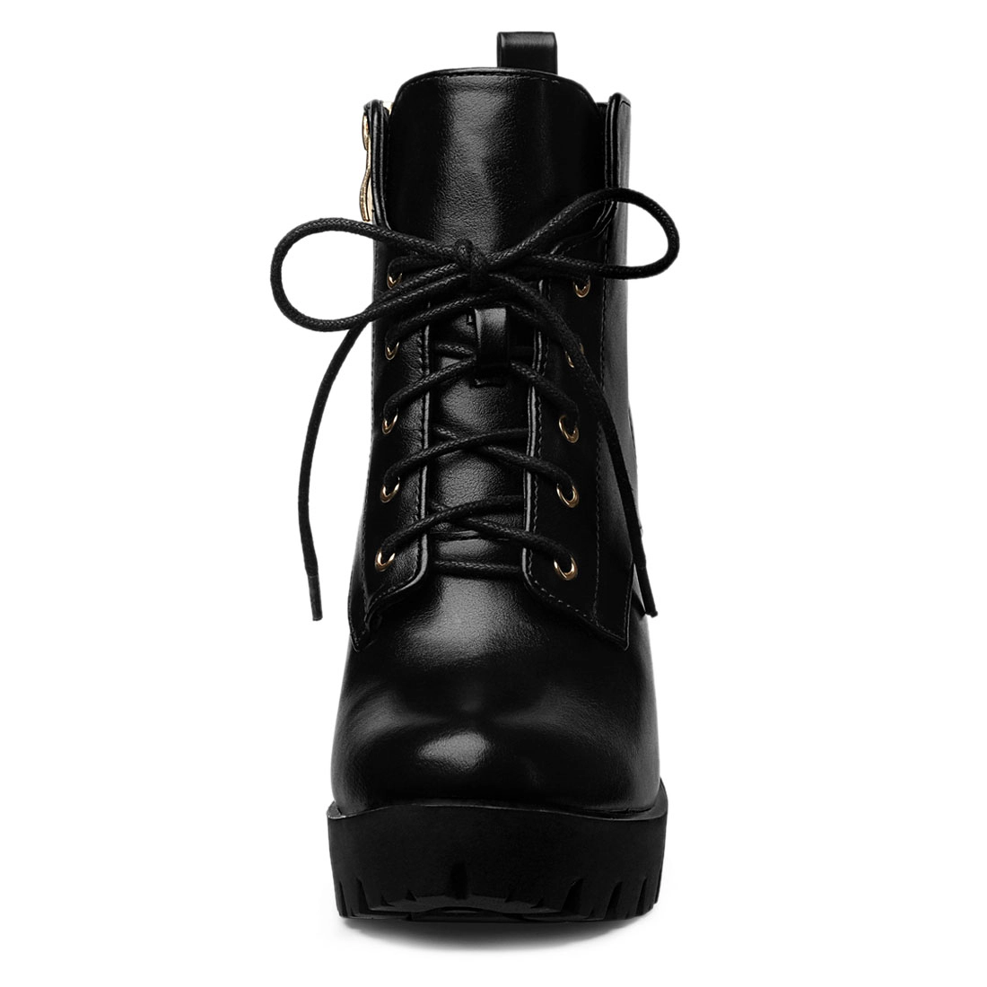 BLISSFUL STEP Women Round Toe Chunky Heel Lace Up Platform Ankle Boots
