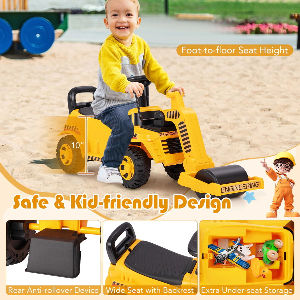 SUGIFT Yellow Toddler Ride-On Road Roller Car with Adjustable Roller and Under Seat Storage 33-lb Rider