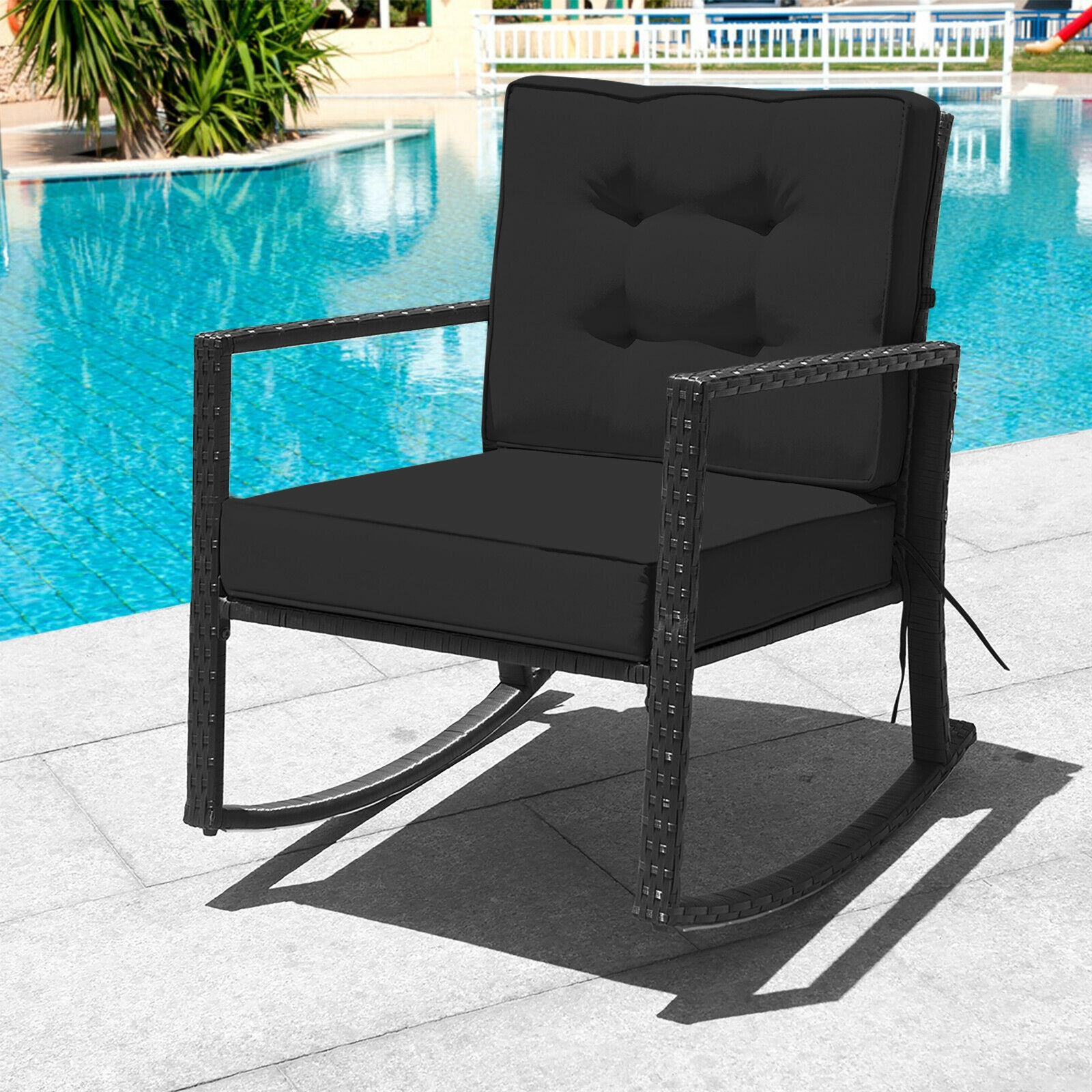 SUGIFT Black Rattan Outdoor Rocking Chair with 5-Inch Cushion