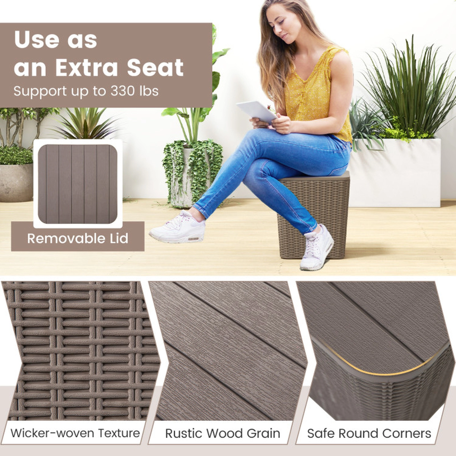 SUGIFT 15-in 330-lb Capacity Coffee Outdoor Resin Storage Side Table with Removable Lid and Wicker Weave