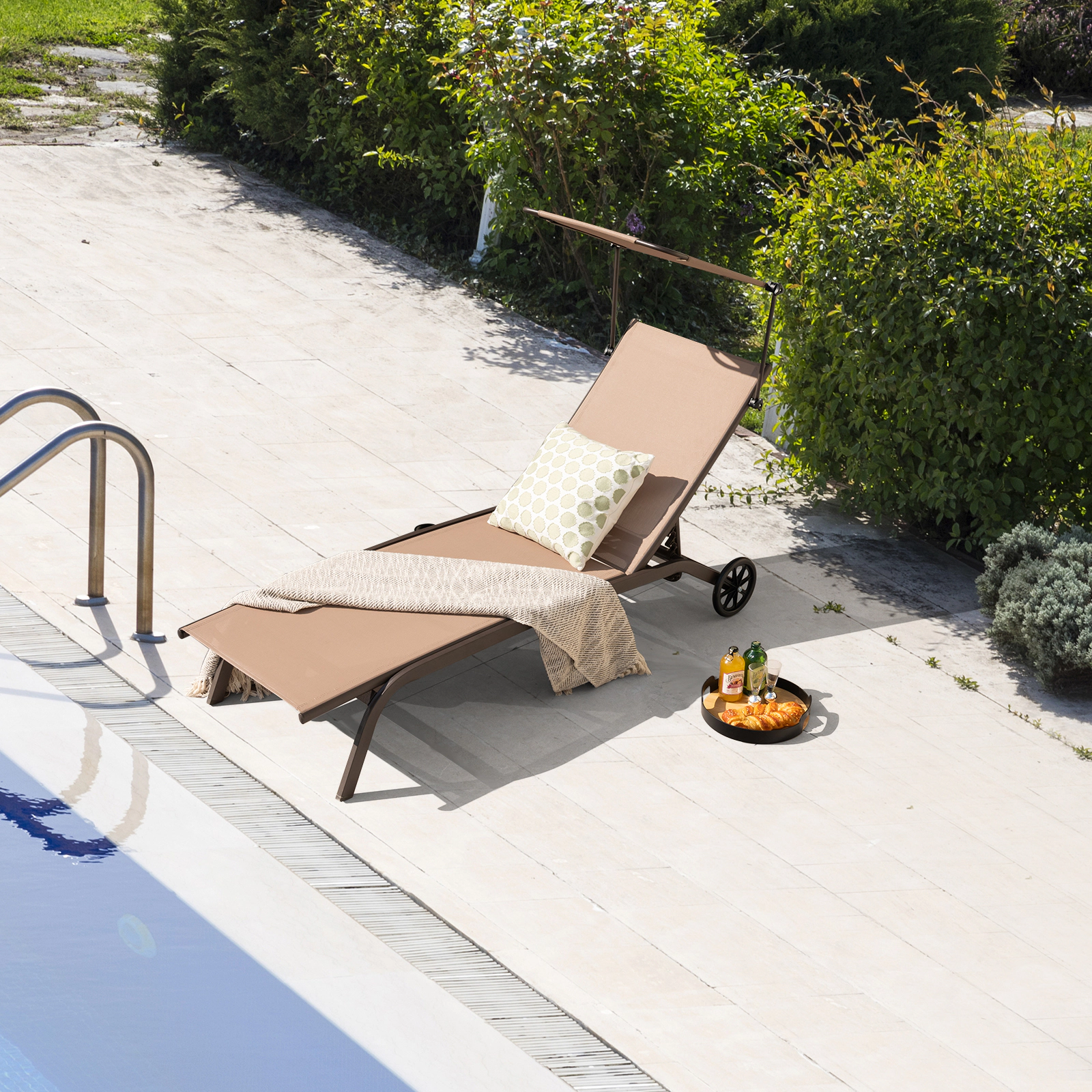 Hivvago Patio Heavy-Duty Adjustable Chaise Lounge Chair with Canopy Cup holder and Wheels