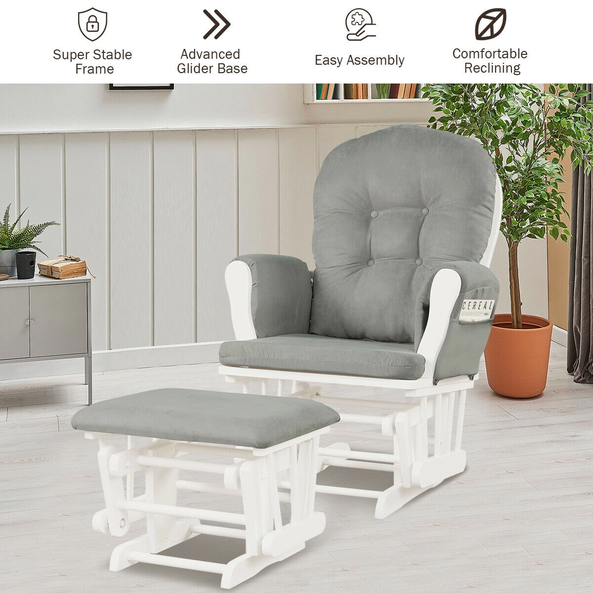 SUGIFT Padded Armrests and Detachable Cushions Wood Glider and Ottoman Set