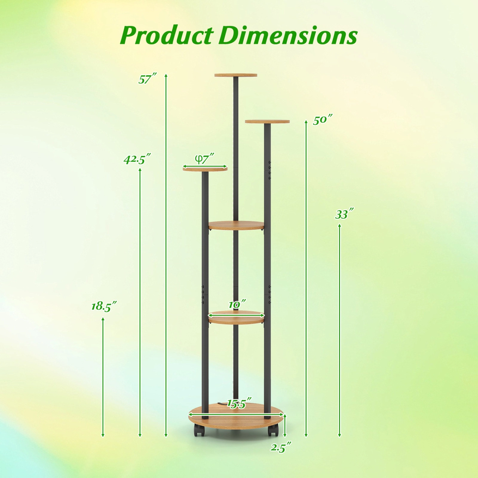 SUGIFT 6 Tier Plant Stand Natural 57 in Tall with RGB Light Strip and Wheels