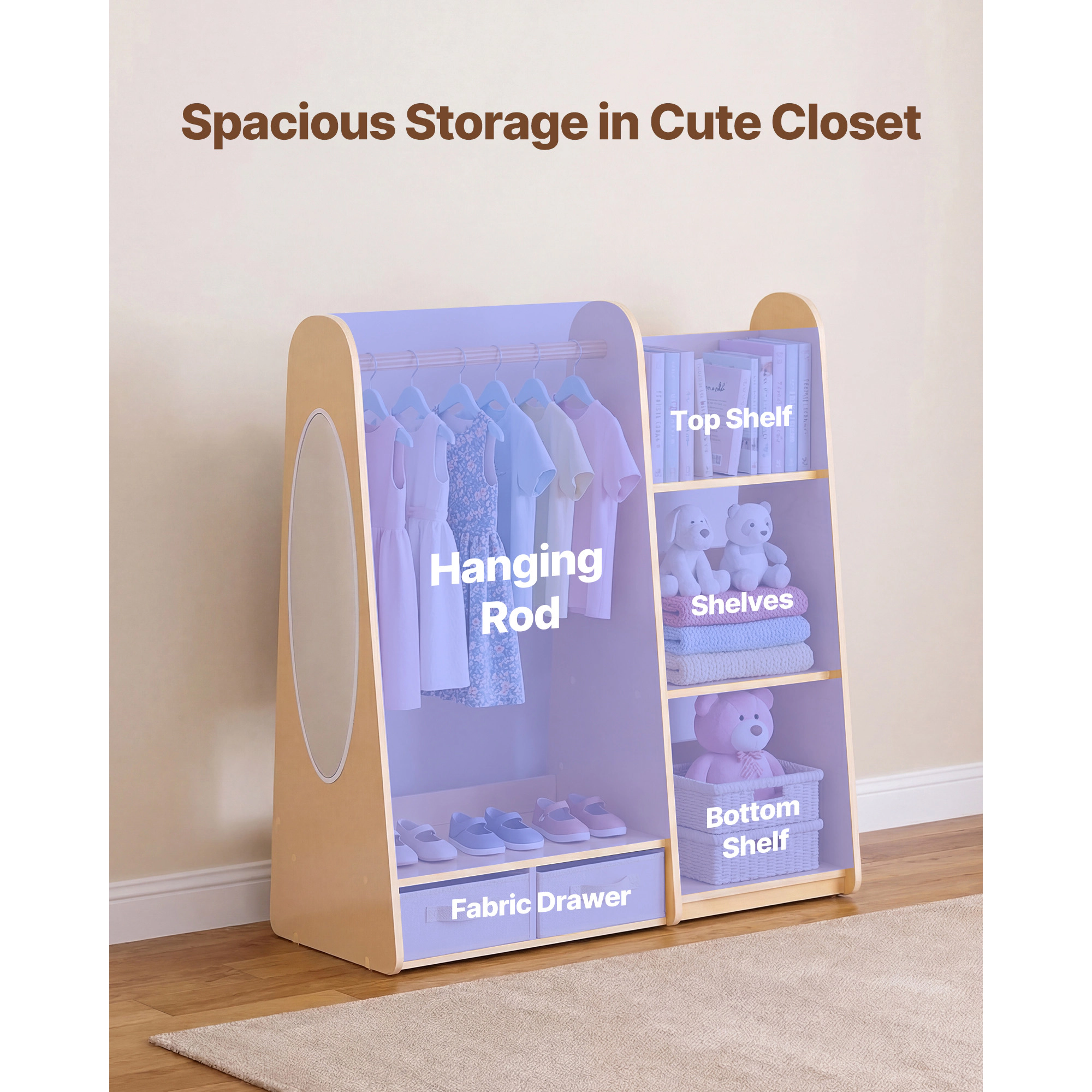 HONGGE Kids Dress Up Storage with Mirror Toddler Wardrobe Closet for Girls Armoire Costume Organizer Bedroom