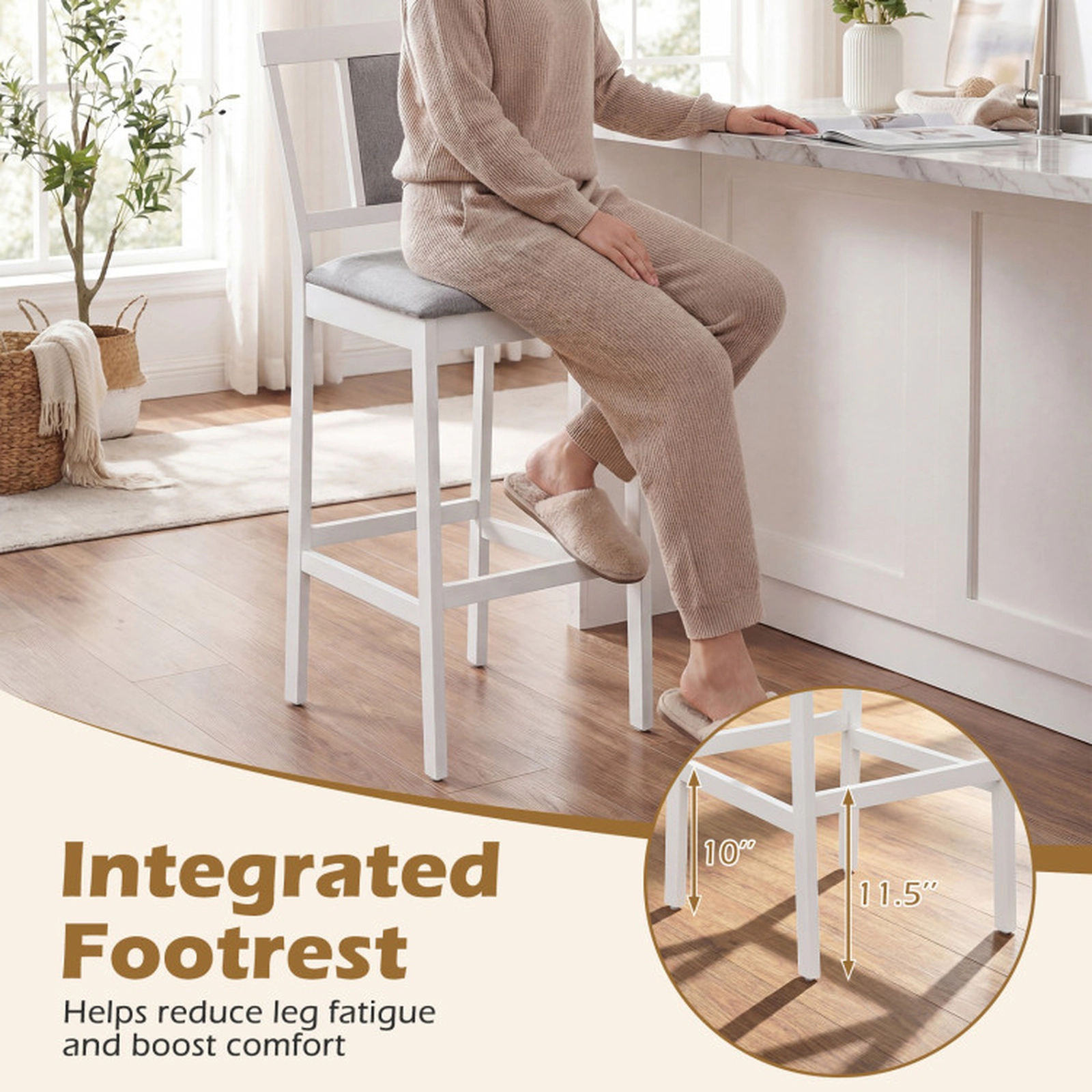 SUGIFT Set of 4 Upholstered Bar Stools 29.5-in Seat Height Bar Height with Solid Rubber Wood Frame 300-lb Capacity White