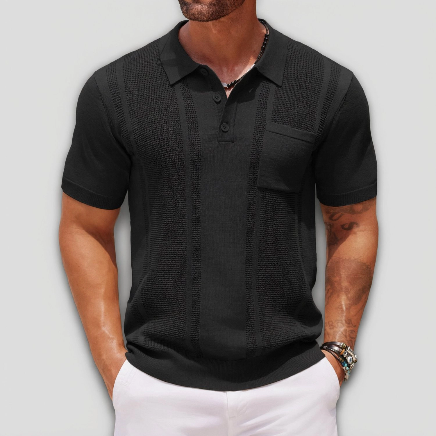 COOFANDY Mens Casual Short Sleeve Polo Shirts  Lapel Neck Striped Knit Tops