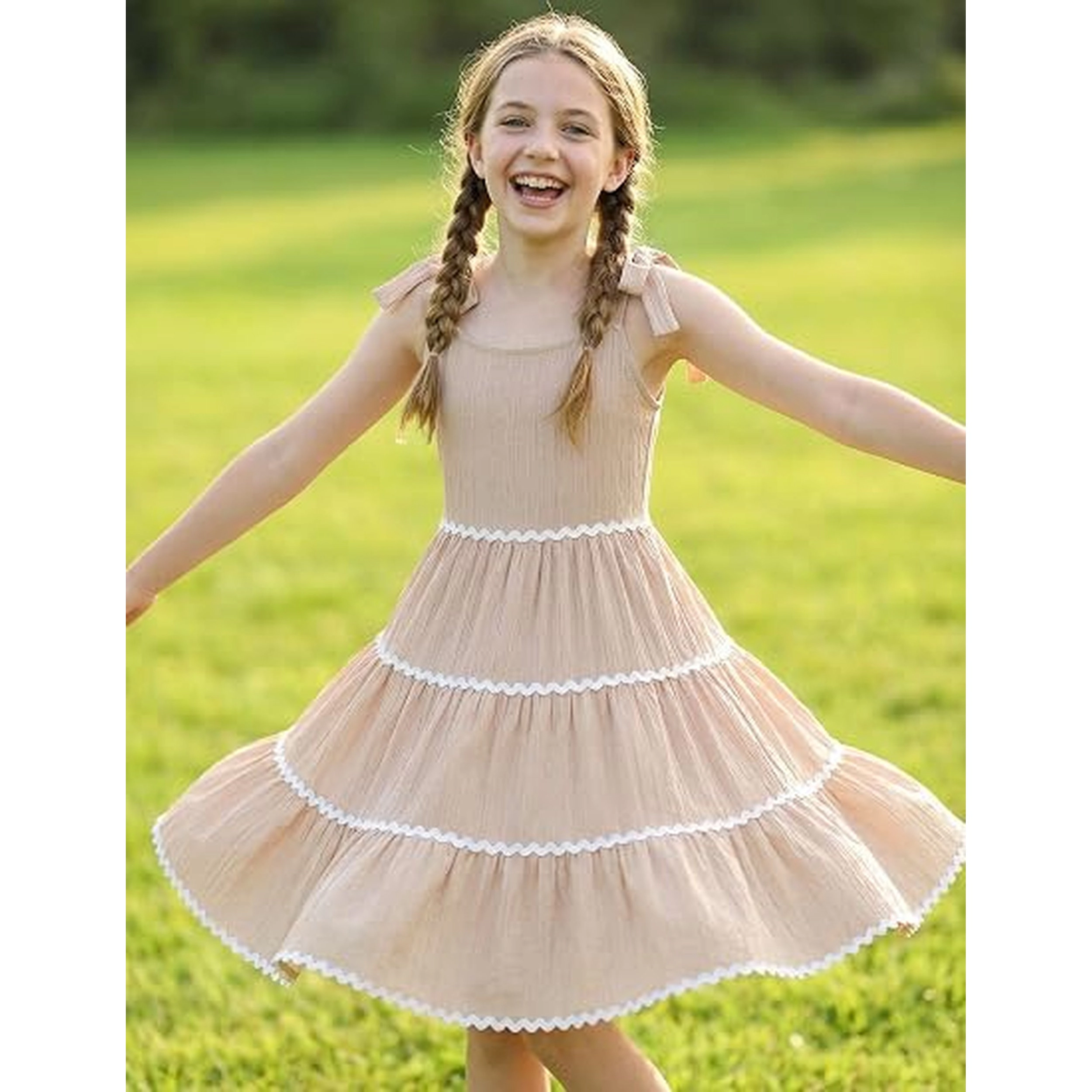 Arshiner Girls Summer Sleeveless Bowtie Straps Sundress Flowy Smocked Backless Tiered Lace Swing