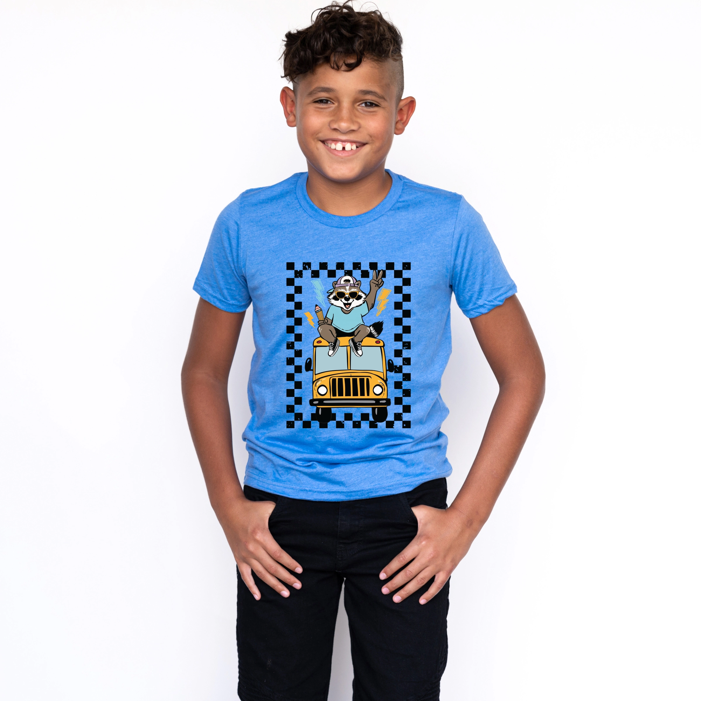 The Juniper Shop - Youth Short Sleeve Graphic T-Shirt Racoon School Bus Lightning