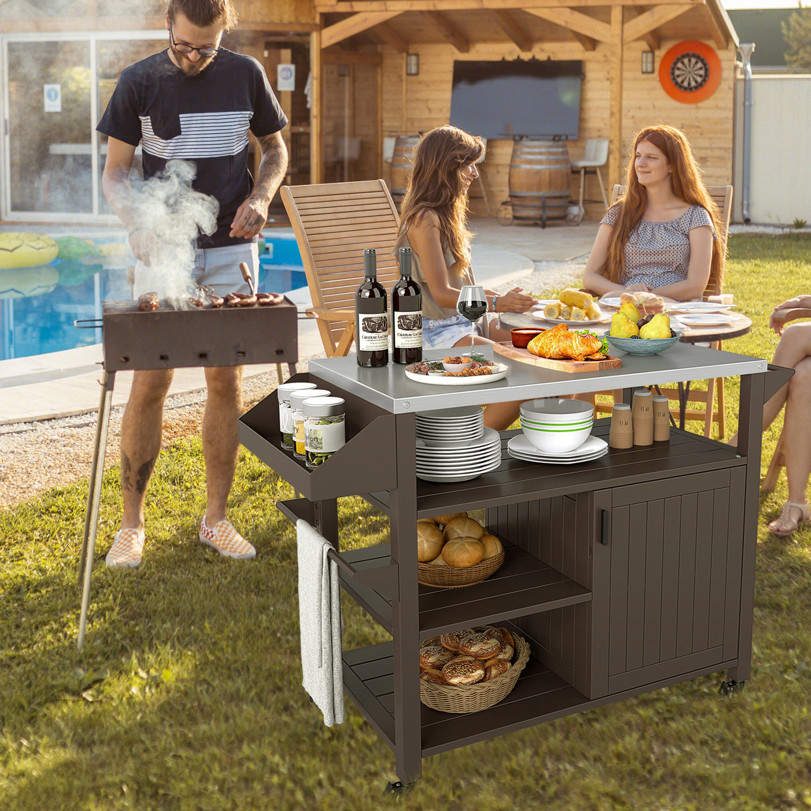 SUGIFT Brown Rolling Grill Cart with Storage Cabinet and Shelves 46-in W 20-in D 34-in H 88-lb Countertop Capacity