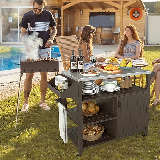 SUGIFT Brown Rolling Grill Cart with Storage Cabinet and Shelves 46-in W 20-in D 34-in H 88-lb Countertop Capacity