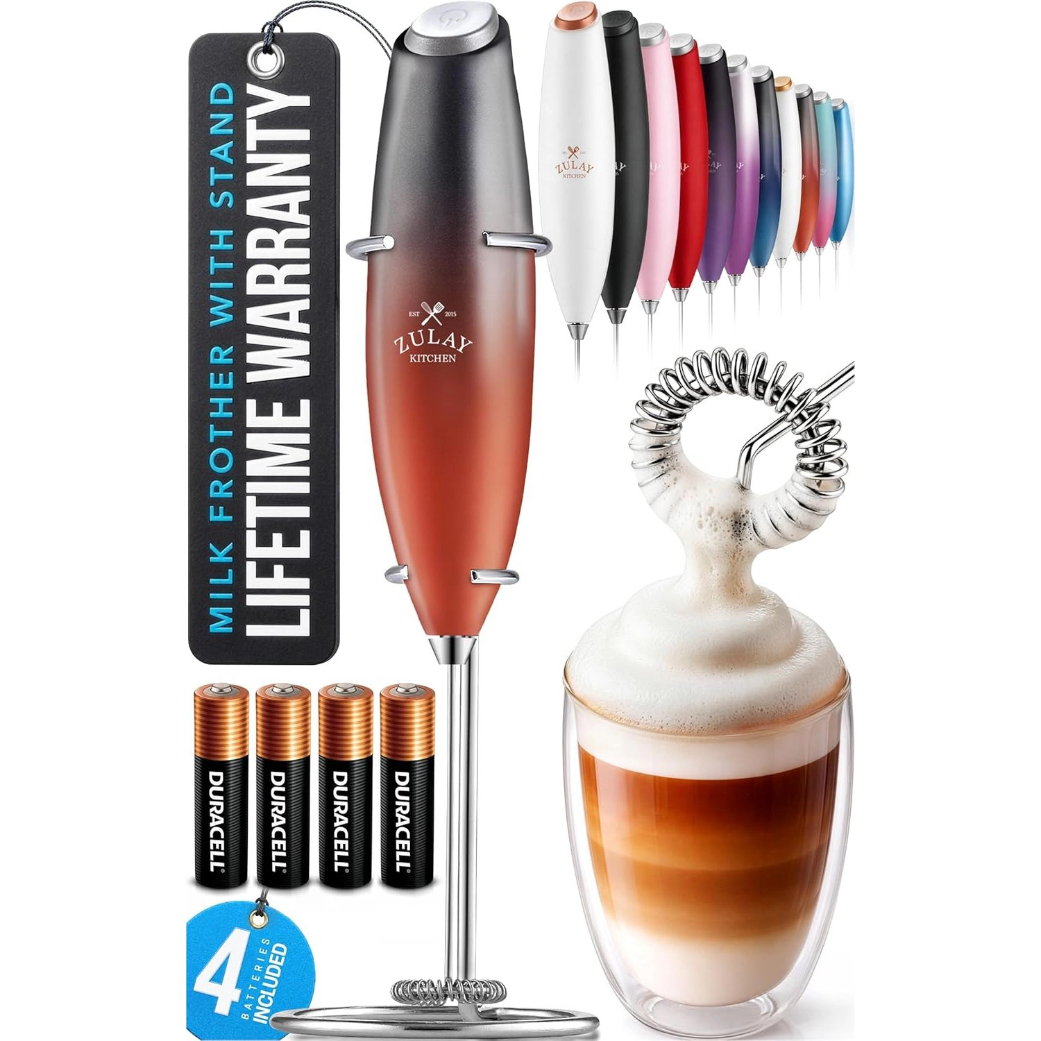 Zulay Kitchen Powerful Milk Frother Wand with Duracell Batteries - Handheld Foam Maker for Coffee