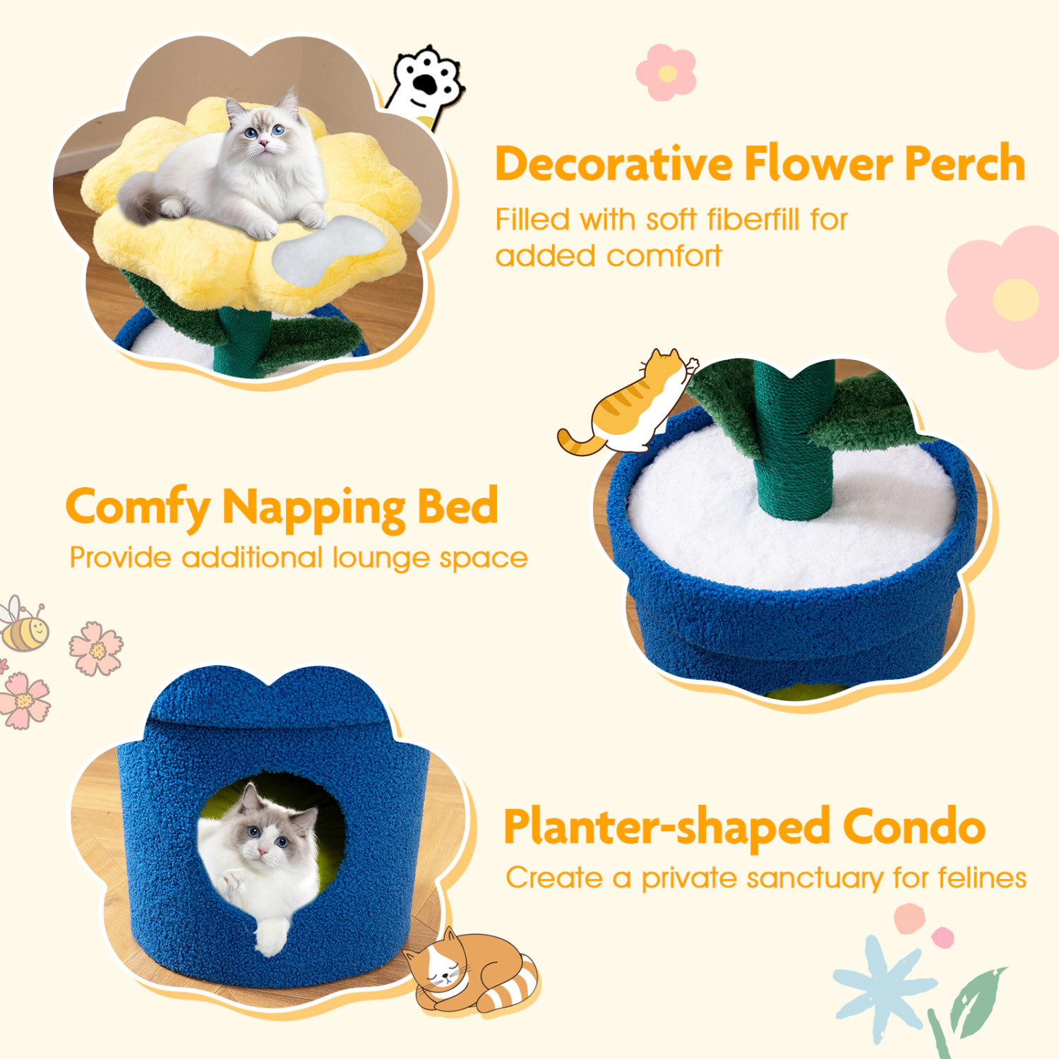 SUGIFT Cat Tree Yellow Flower Design with Padded Perch and Jute Rope Scratching Post