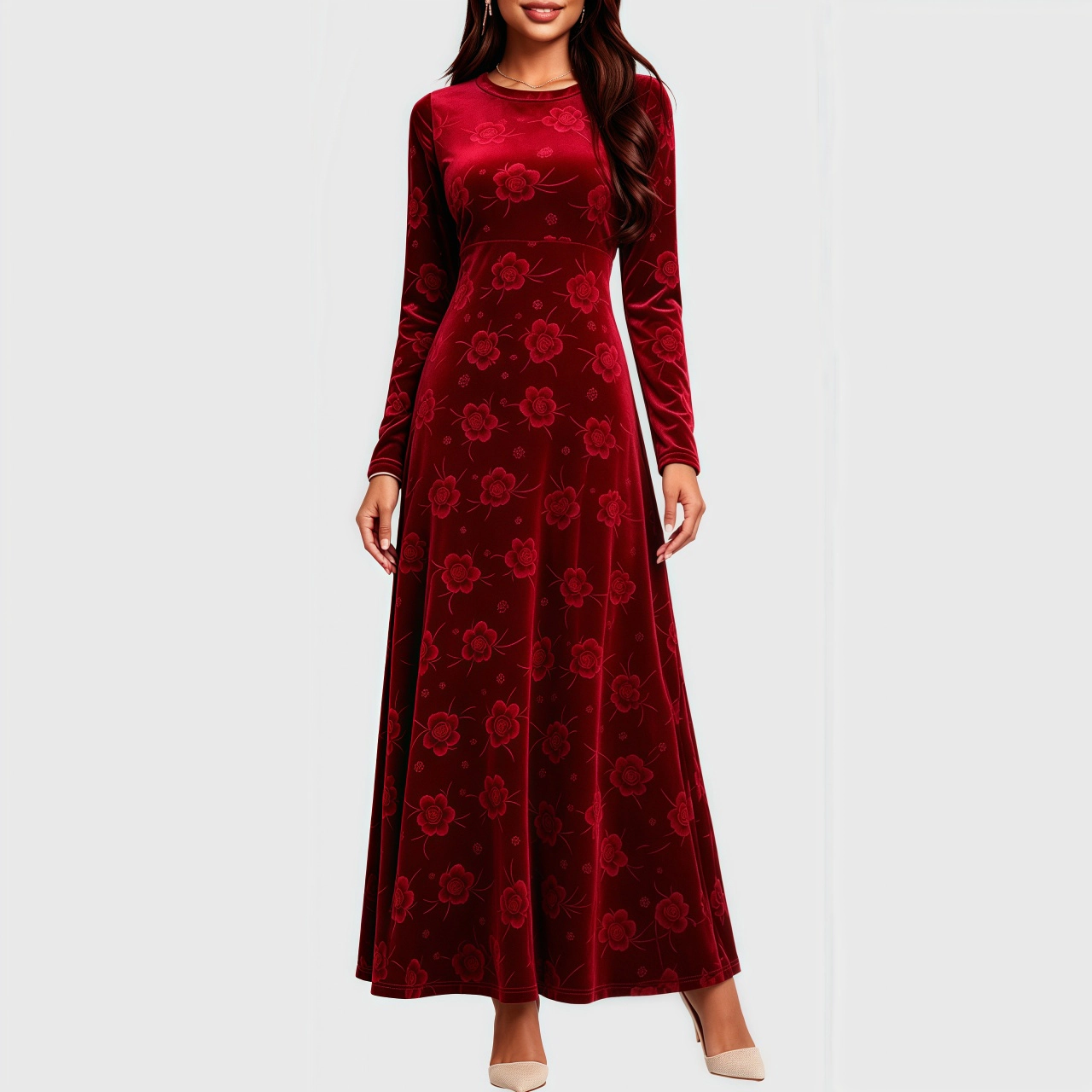 YesFashion Womens Velvet Maxi Dress Casual Fall Winter Long Sleeve Floral Cocktail Party