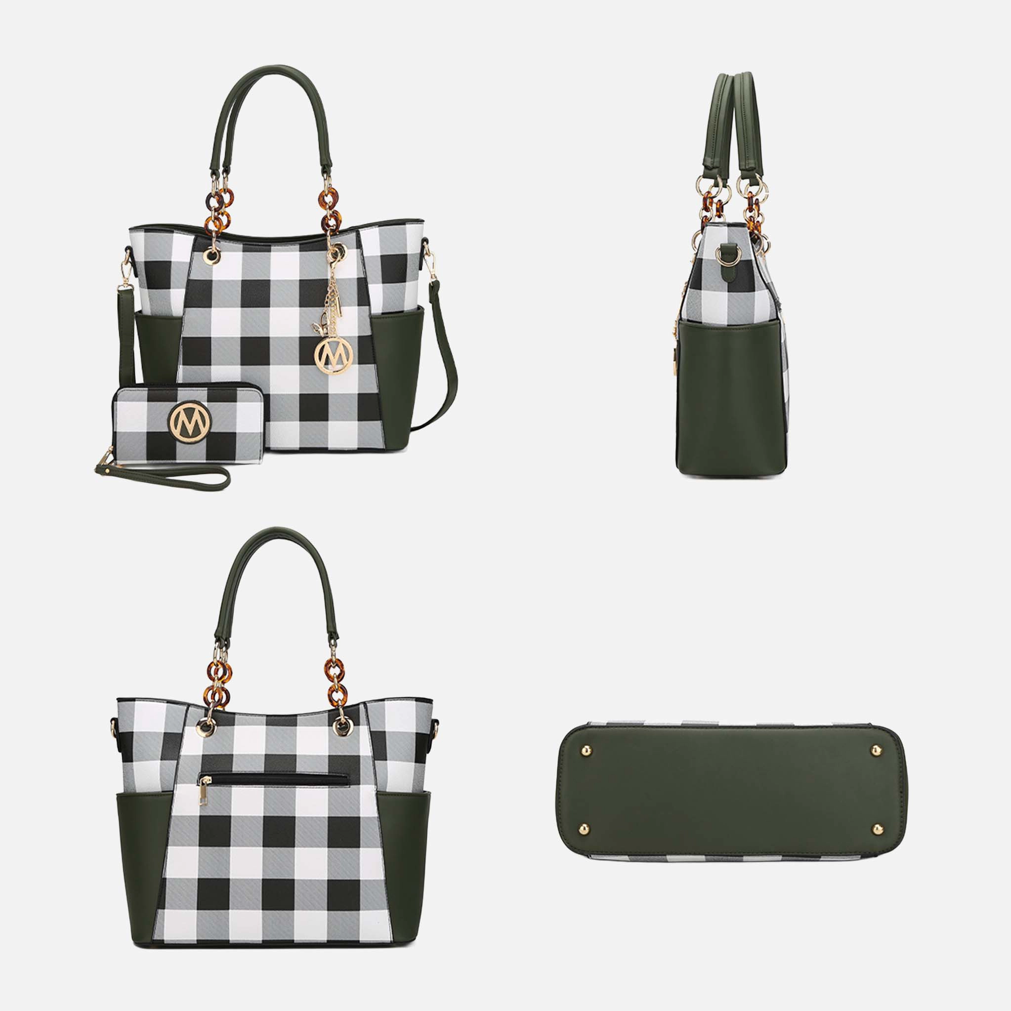Mia K Collection Bonita Checker Tote Bag with Acrylic Chain Handles and Matching Wallet