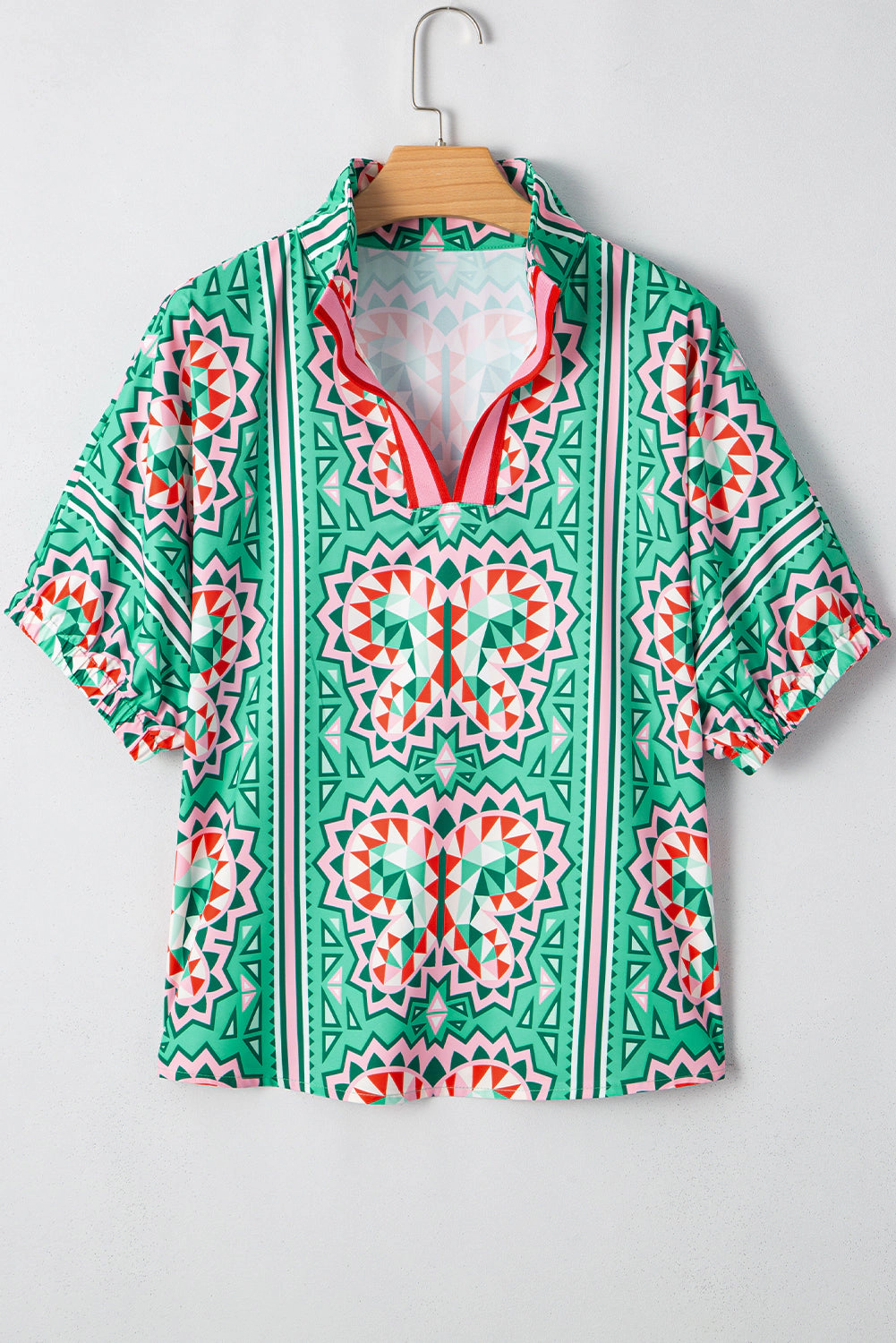 Threaded Pear Women's Kamiyah Boho Abstract Striped Collared V Neck Blouse
