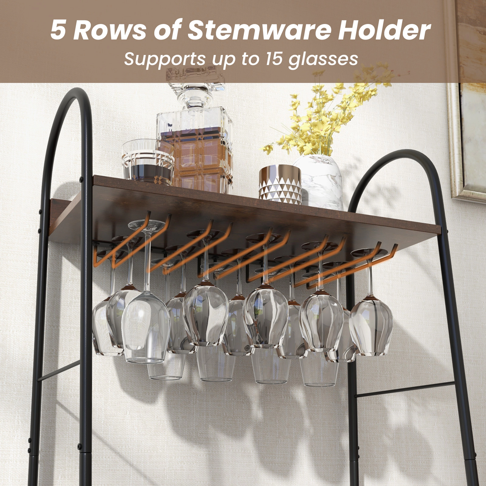 SUGIFT Bakers Rack Rustic Brown with Detachable 18-Bottle Wine Rack and Stemware Holder