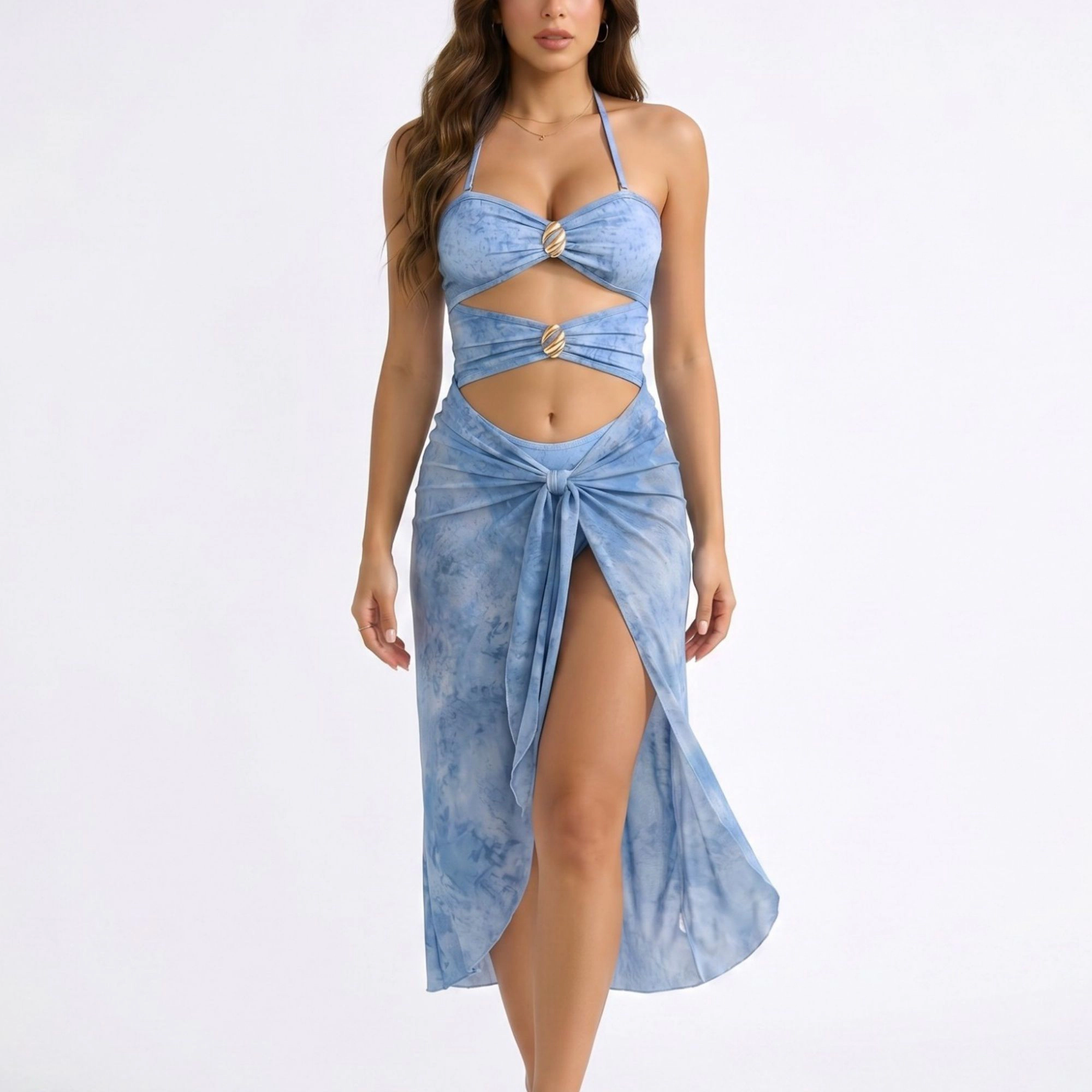 Anna-Kaci Women's Halter Cutout One-Piece Swimsuit with Tie-Front Wrap Skirt, Light Blue