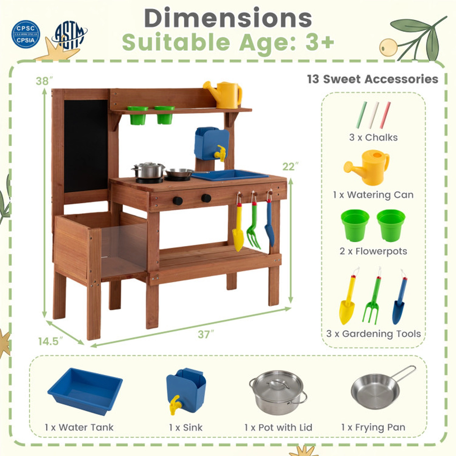 SUGIFT Kids Mud Kitchen with Planter Box, Sink and 13 Accessories 37-in Wide Ages 3+ Natural