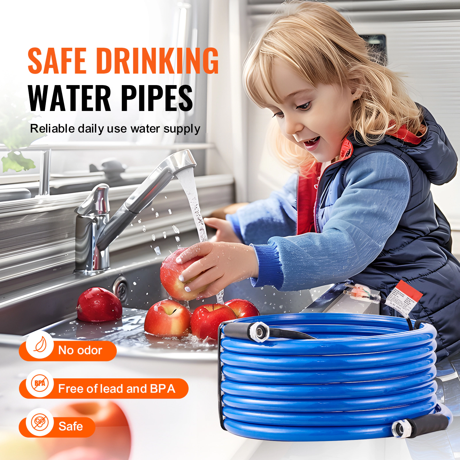 HONGGE 50ft Heated RV Water Hose, Self-Regulating, Freeze-Proof to -45°F, 5/8" ID, 3/4" GHT Adapter, Lead & BPA Free