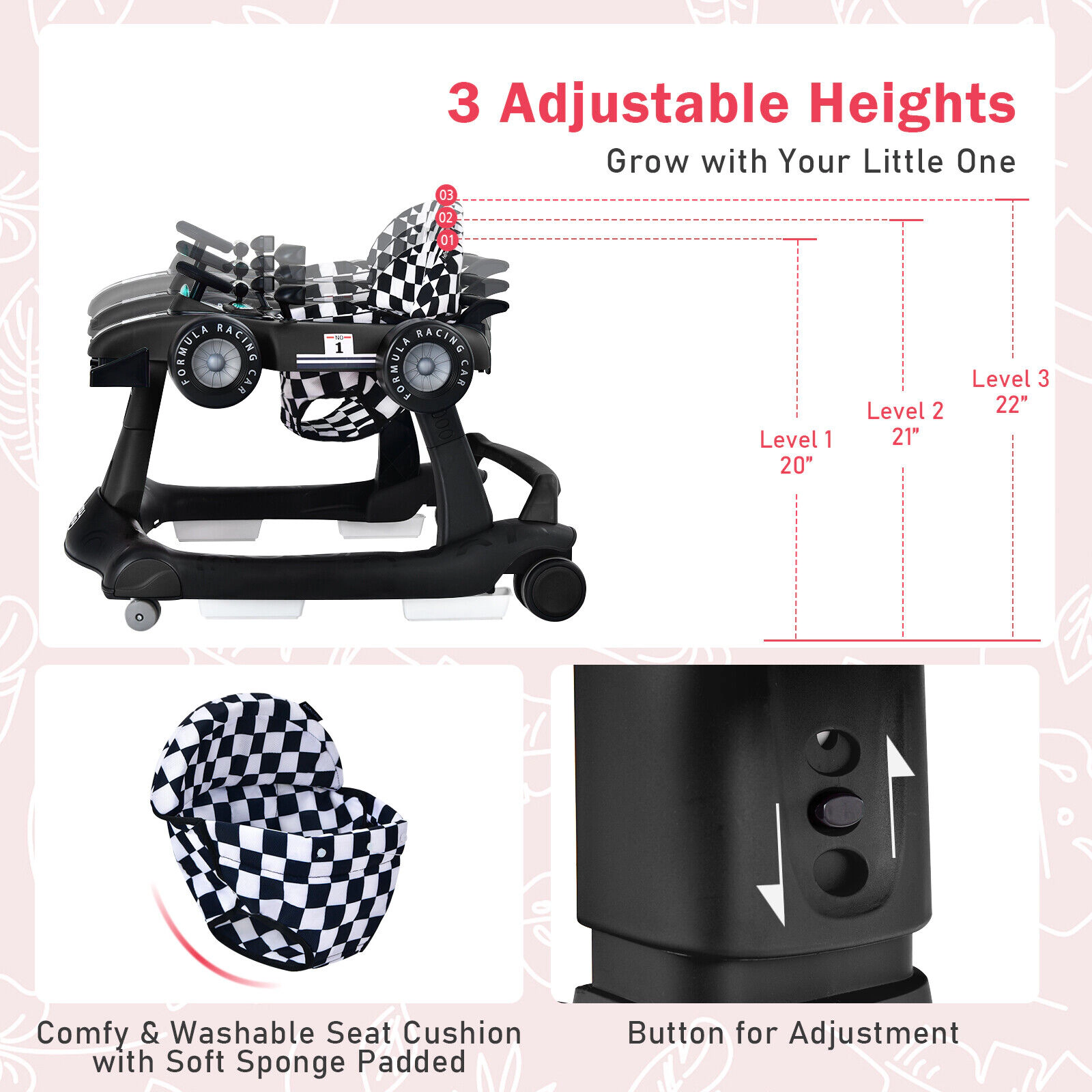 SUGIFT Adjustable Height and Music 4-in-1 Foldable Baby Activity Push Walker