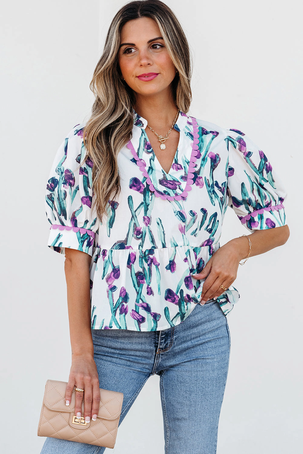 Threaded Pear Women's Raelyn Floral Ricrac Trim Top